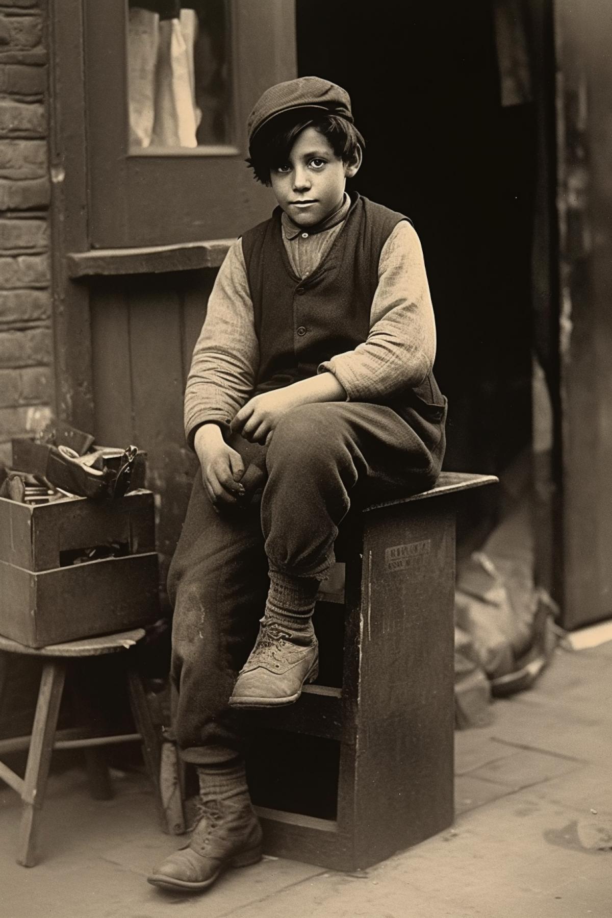 Vintage photo of a shoeshine boy, early 20th century England