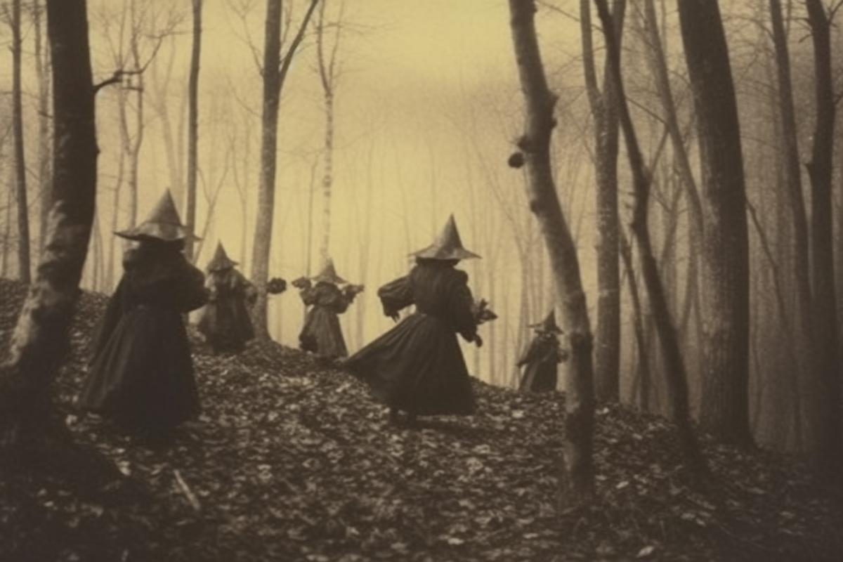 Vintage photo, witches and schoolchildren in the USSR in the forest