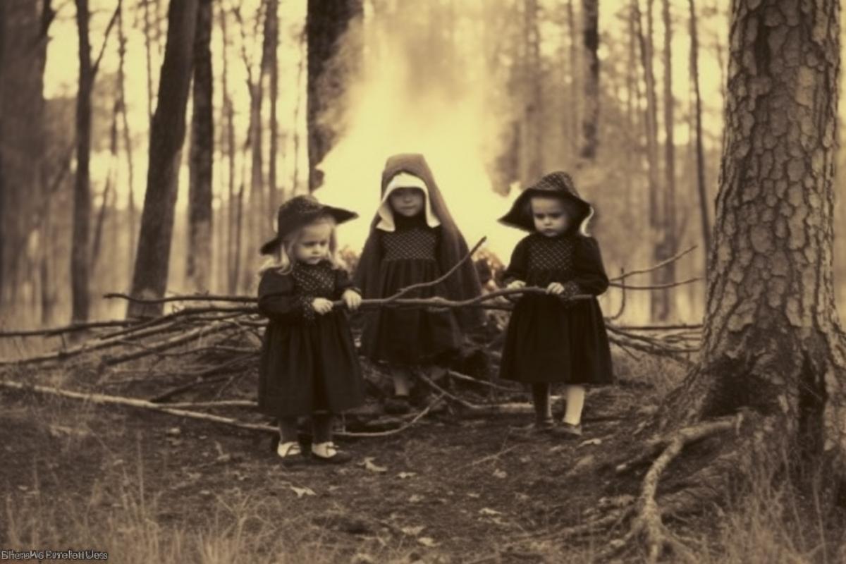 Vintage photo, witches and schoolchildren in the USSR in the forest