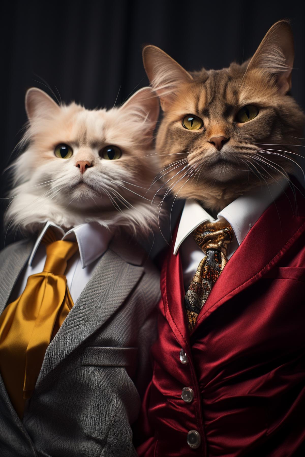 Tomcats in extravagant haute couture suits défilé along podium professional light shocking fashion photo