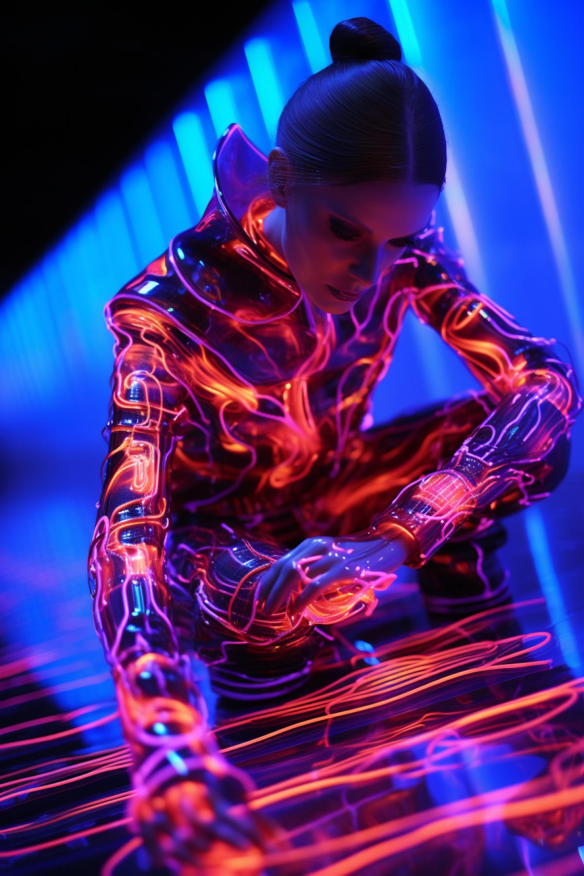 model in a liquid suit, fashion art exhibit, glitter, neon and glowing,