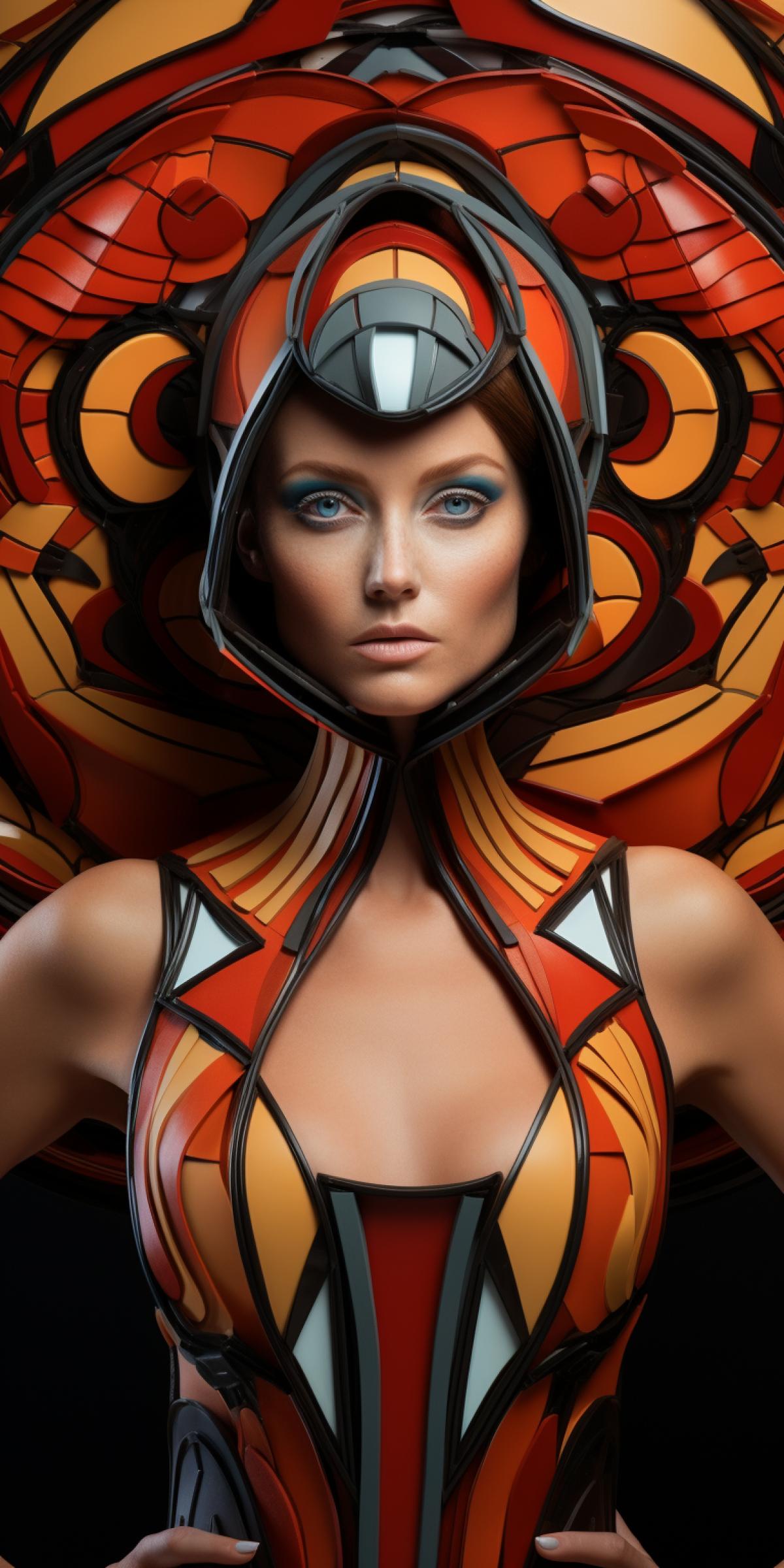Portrait of a model with large eyes in a 3d pattern futuristic fragmentated dress, use modular construction, rich colors, surrealism