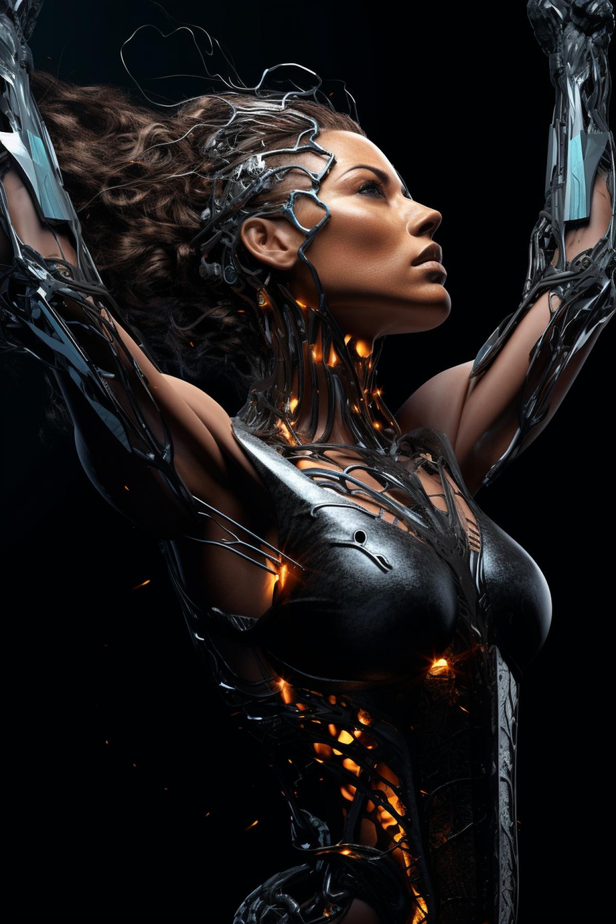 A saturated 32k uhd png of fantastic realism, female, part cyborg fitness model, showing armpit, arms up, look of delight, beauty in the grotesque, electricity, anatomical, cyborg