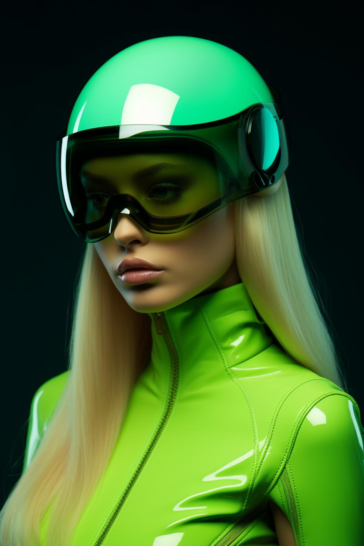 a female supermodel 24 years old wearing a neon green helmet dressed in athletic clothing and glasses, in the style of futuristic glam, retro futurism, neon green clothing, glasses without color, clear glass, long blond hair, blonde girl, teal background, mike campau, anton fadeev, high gloss, mono-ha