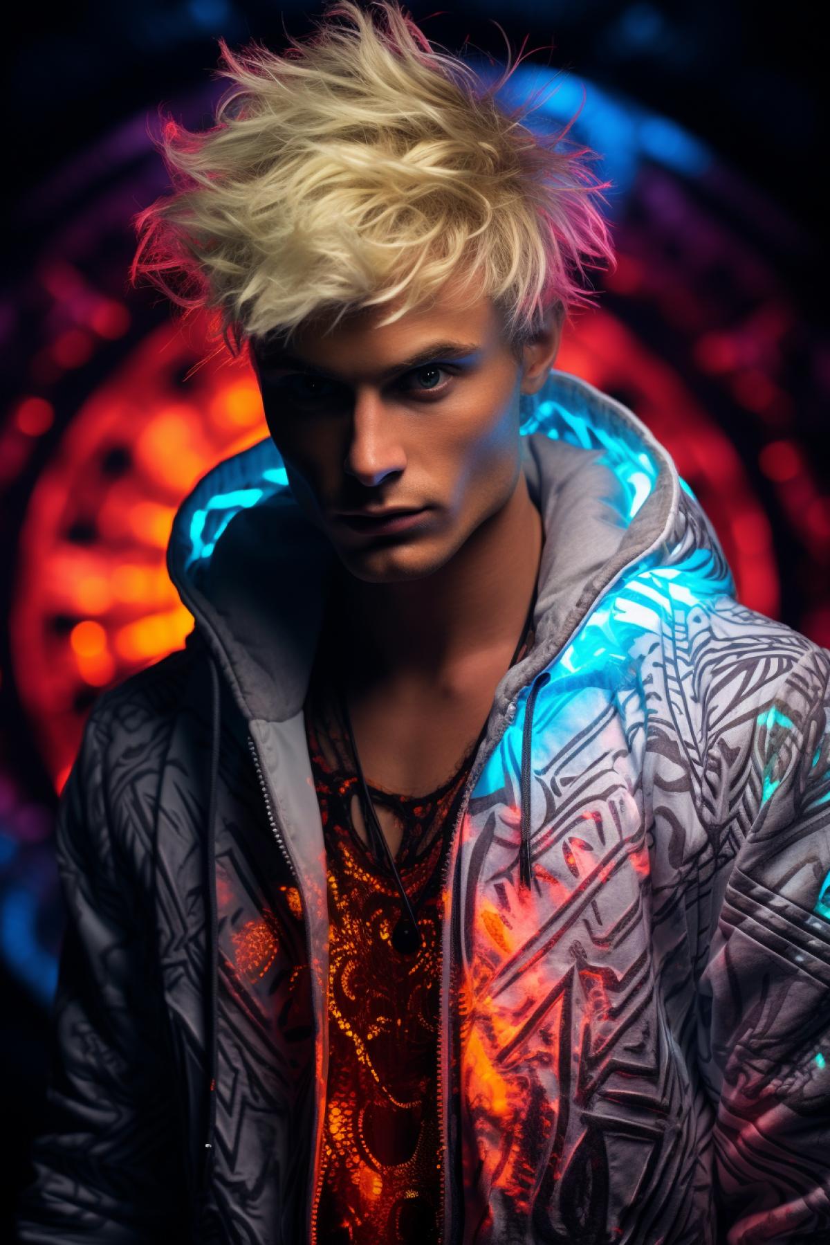 tigercore blonde handsome male model wears tiger haute couture spirograph flower gamma burst fashion at night club, multi color lights, heat waves, negative chromaticity, professional photography rendering, tigerpunk, EDM rave, Dj costume