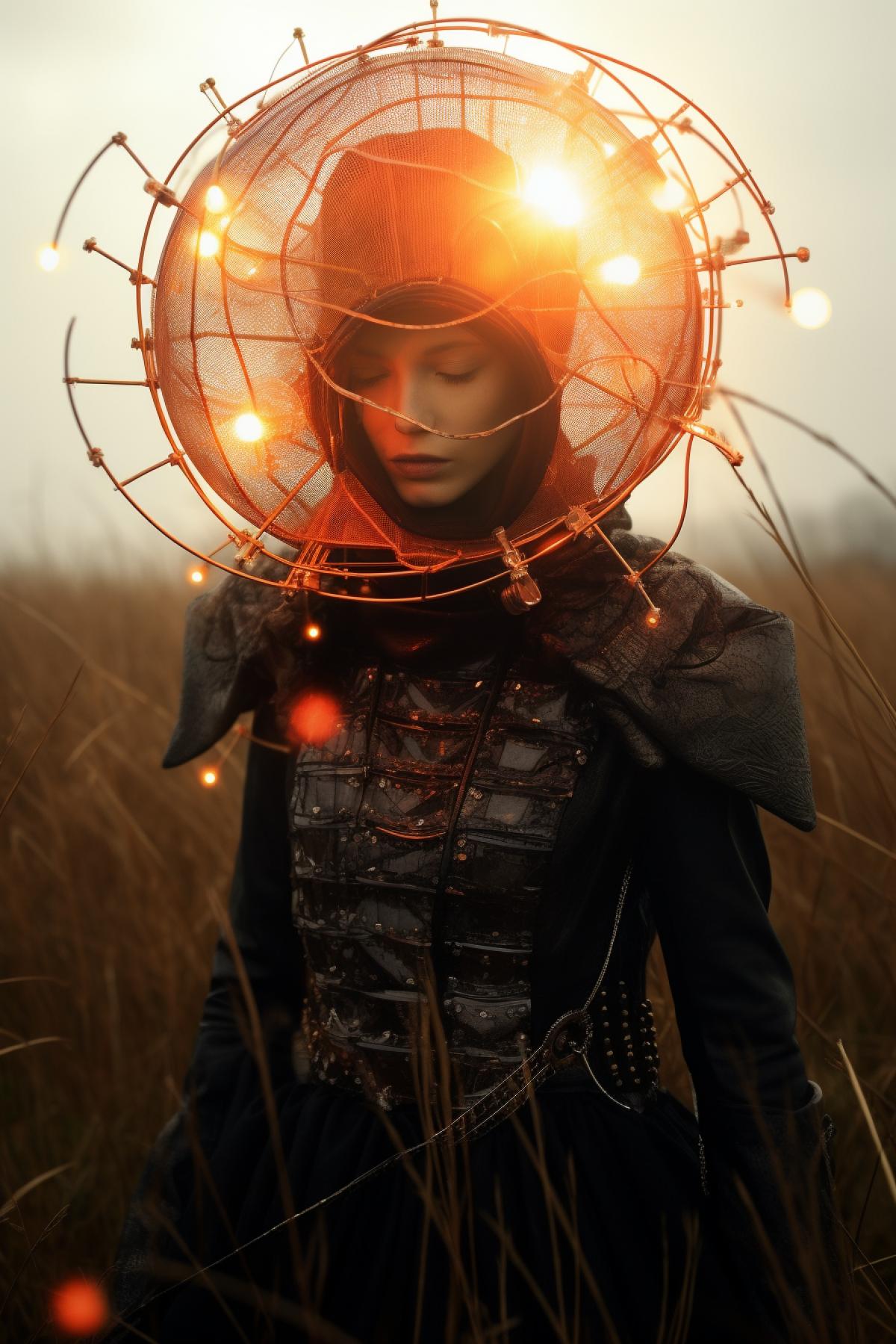 Award-winning photo by Chris Friel of Beautiful instagram influencer dressed in Solarpunk, magic realism