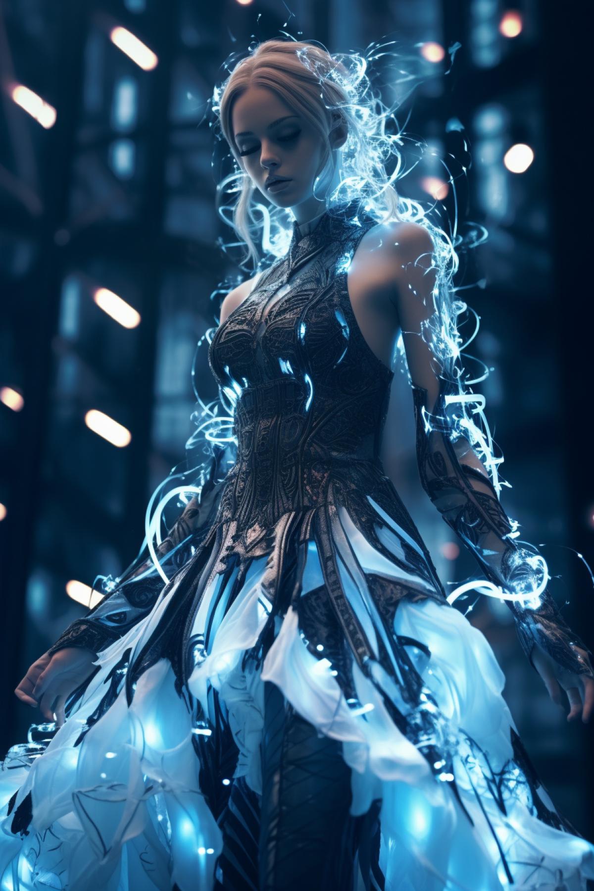 full body, Electrified flowing particle fashion, ethereal fabrics, in the style of Diety, fashion week, avant garde perfection, art evolution, beautiful cyberpunk model, magical gorgeous com4k, professional photography, Hasselblad