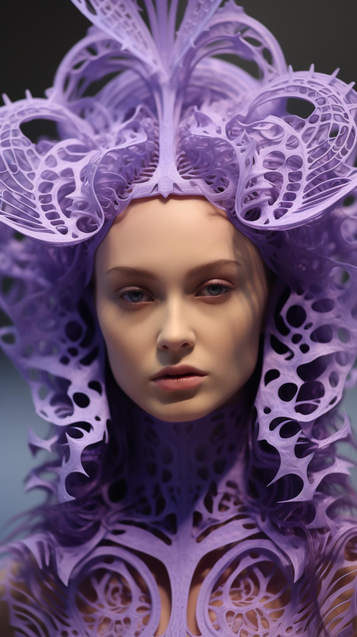 female model dressed in lavender filigree, hair is a bionic architectural construction in Zaha Hadid style sharp focus::5 vivid colors