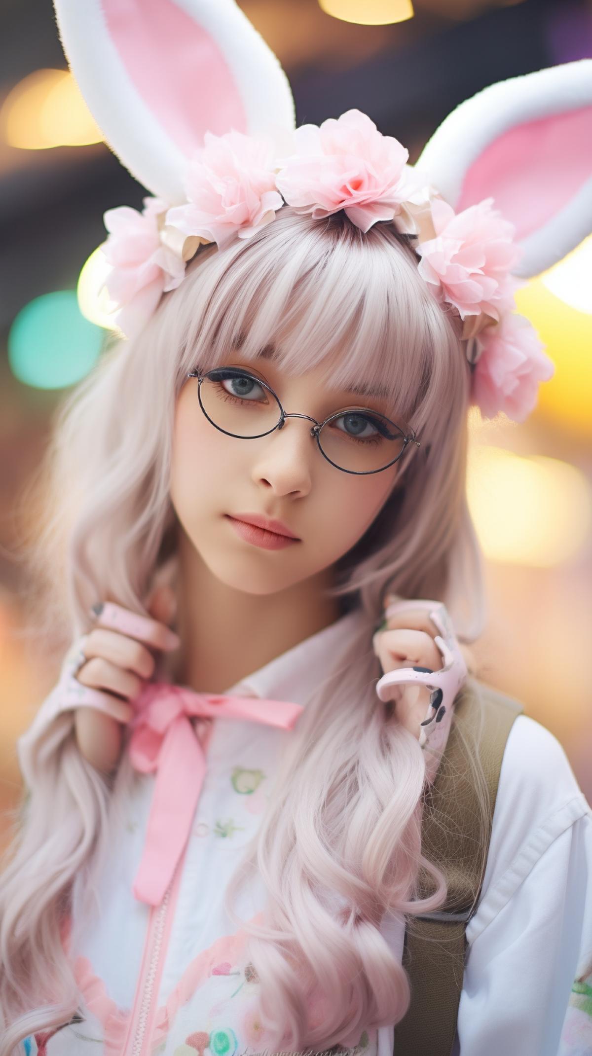 harajuku fashion japanese young girl, cute bunny ears, beautiful eyes, in the style of anime photorealistic, animecore, upper body shot, studio lighting, natural light, 50mm, street background, adorable, pretty perfect face, model face, glasses, 16k, incredible photography, beautiful shot, assertive 4k, attractive, sony a7 mk7, high resolution, rendering, natural lighting, dynamic angle
