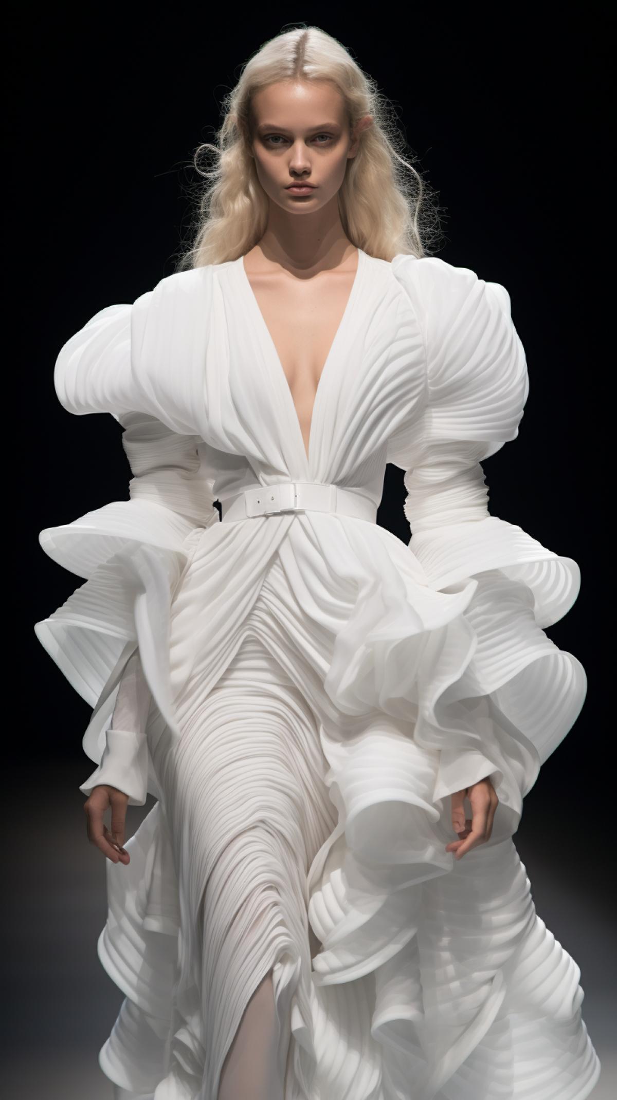 model and entrepreneur eloise luthi walks the runway at paris fashion week 2019, in the style of howard schatz, inna mosina, dark white and light white, 1980s, ingrid baars, emphasis on detail, pastoral charm