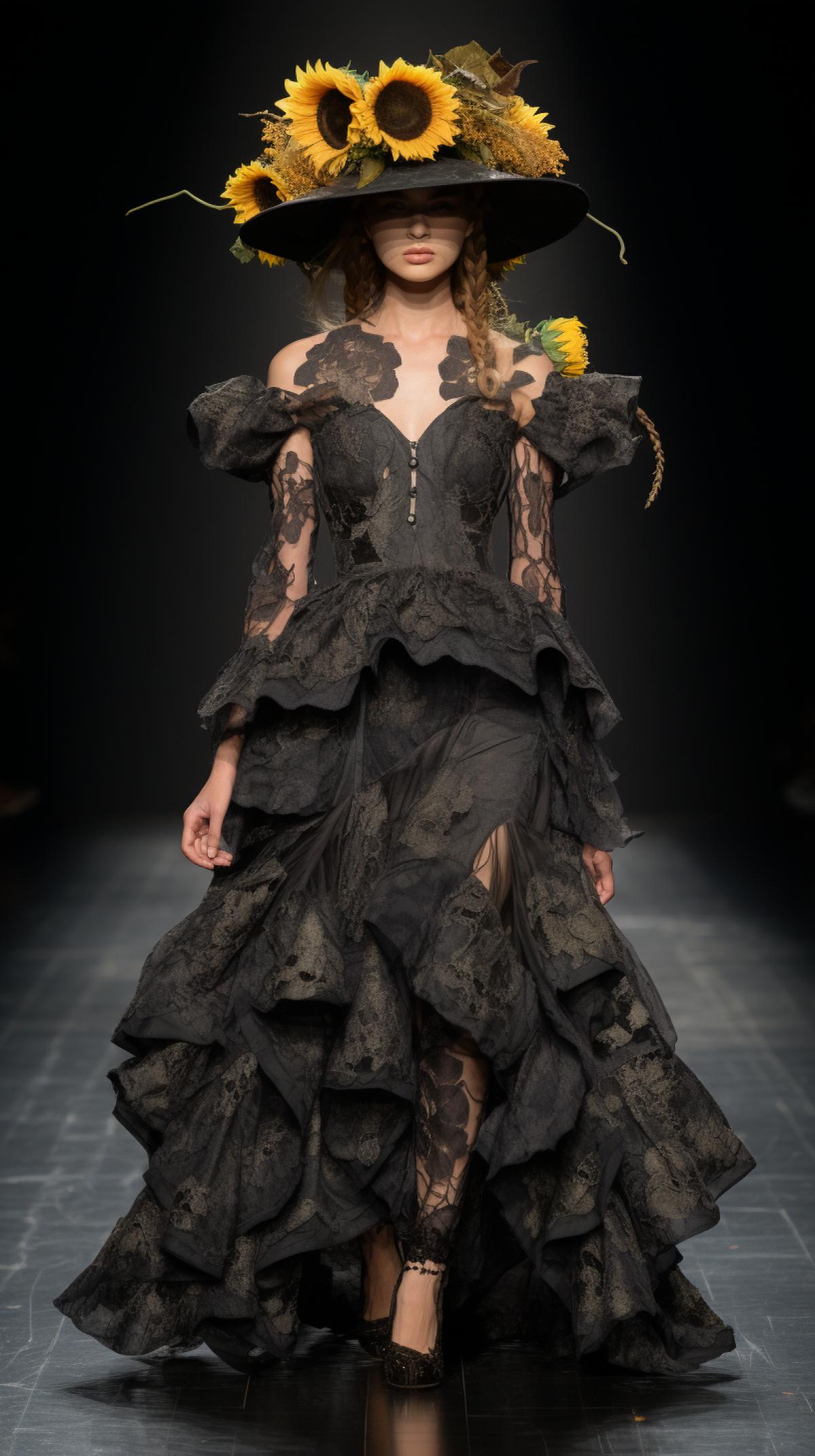 a woman in a hat, tattered dark outfit, and sunflowers wears a hat on the runway, in the style of guo pei, playful arrangements, frans snyders, sculpted, delicate, nature-inspired, giorgio vasari