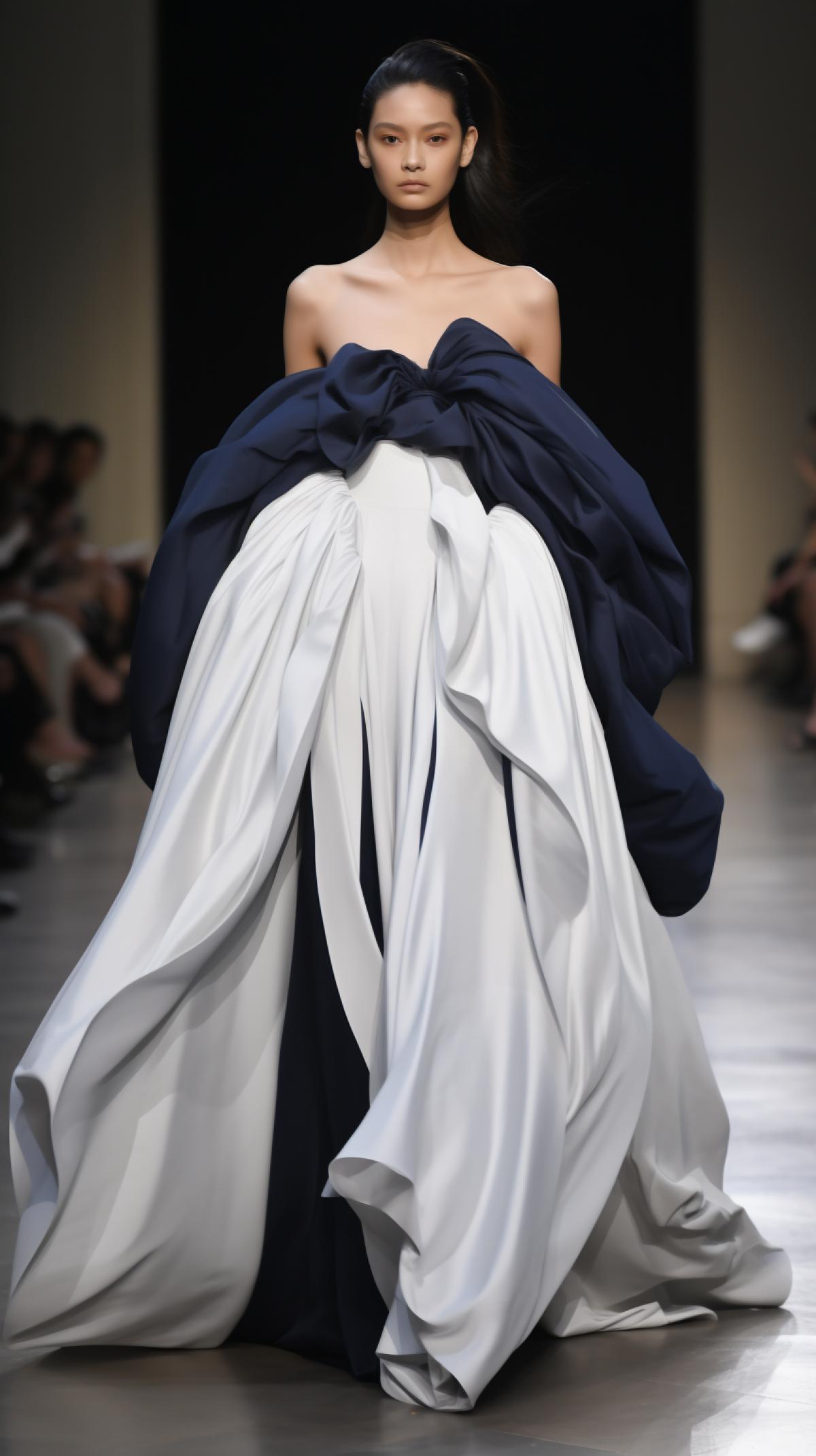 fashion show by guillermo merida at paris fashion week, in the style of light white and light dark, exaggerated features, godfrey kneller, eye-catching detail, voluminous forms, pompeo batoni, dark white and light navy