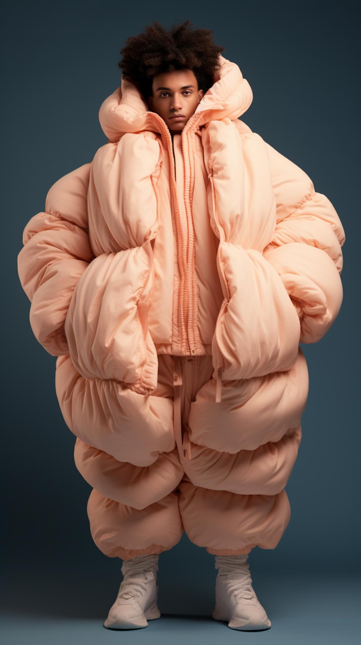 Nike concept design photoshoot, male model in Tardigrade full body huge oversized onesie puffa Tracksuit with design influence taken from tardigrades, peach and beige colours, extremely puffy