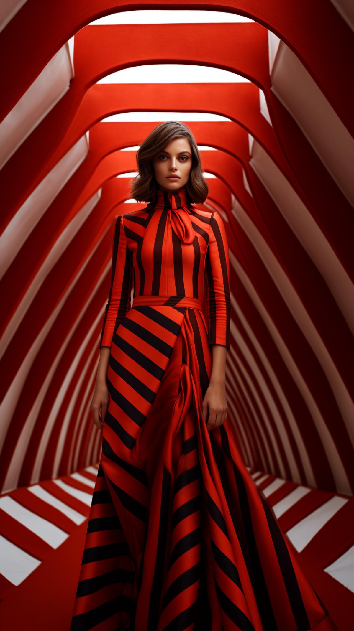 paris fashion model 4ks, in the style of escher-inspired, pop inspo, striped, red and dark, atmospheric urbanscapes, sharp angles, low-angle