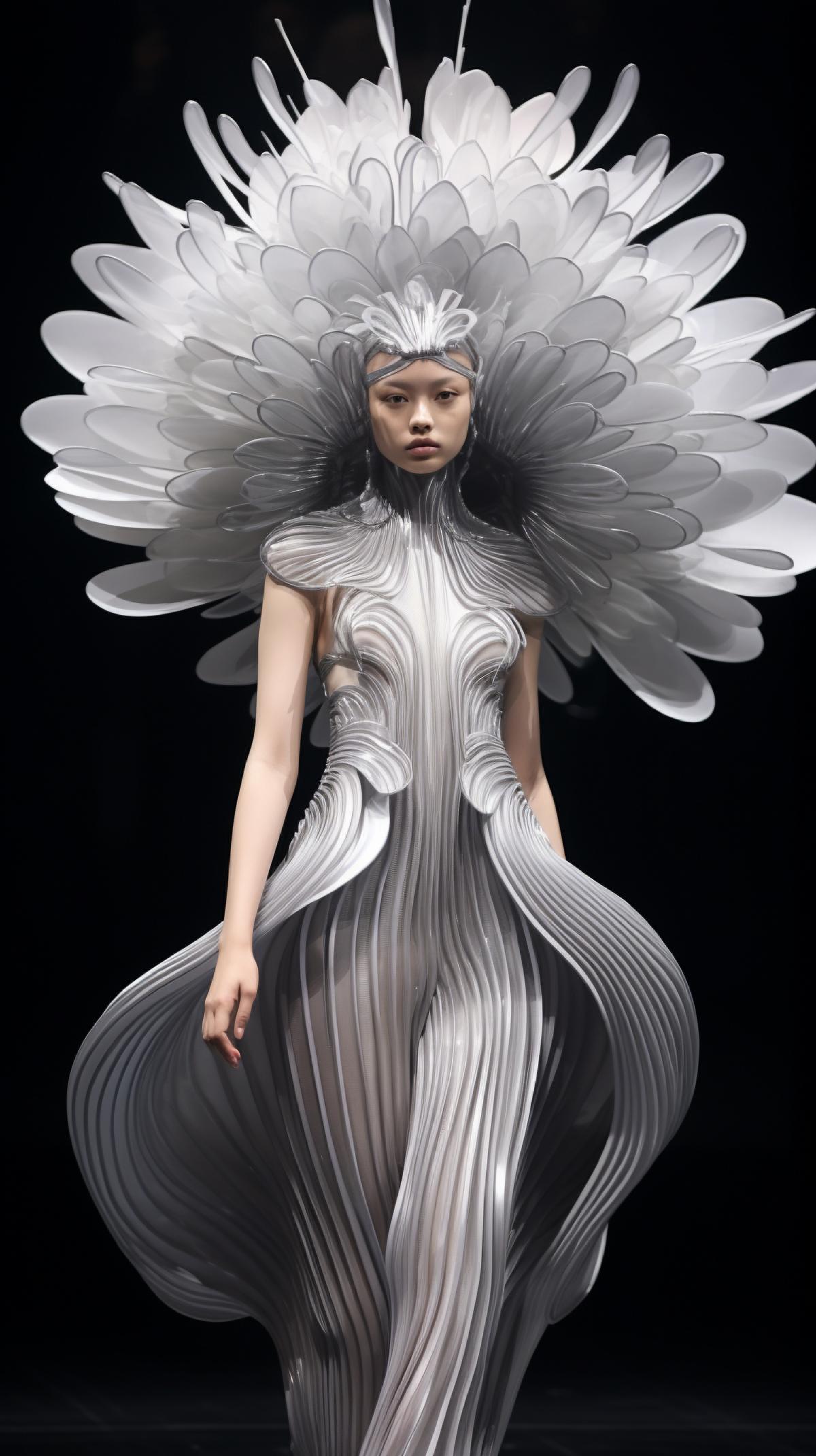 fashion design,Iris Van Herpen, Chinese Style, In the silhouette of Chrysanthemum, a pretty girl with full body shot,Skin pores on the face are clearly visible,wearing ashionable dress and put some Miao silver headdress adorned with overlapping, cyber style