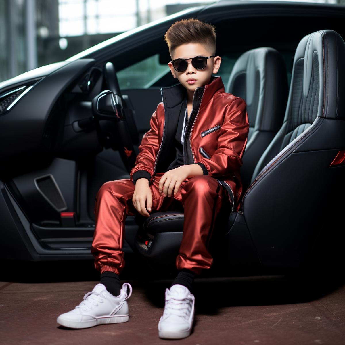 As a ten year old Chinese menswear model, this handsome little white face is a rich second generation person, with beautiful red textured hair, wearing dark sunglasses, wearing cool dark red gradient short sleeved clothes, sitting on the dark red gradient Lamborghini supercar Haohua leather seat, full length photo, full length photo, full length portrait, sports car driver seat leather seat background, five fingers optimization, bright lights, bright colors, noise elimination, Watermark Removal, No Watermark, No Text, Real Person, Real, Real, Real, Real, Real, Lycra Lens Real, Ultra Rich Detail, Ultra Clear Detail, Ultra Wide, Octane Rendering, Epic Lighting, 16K, Ultra HD