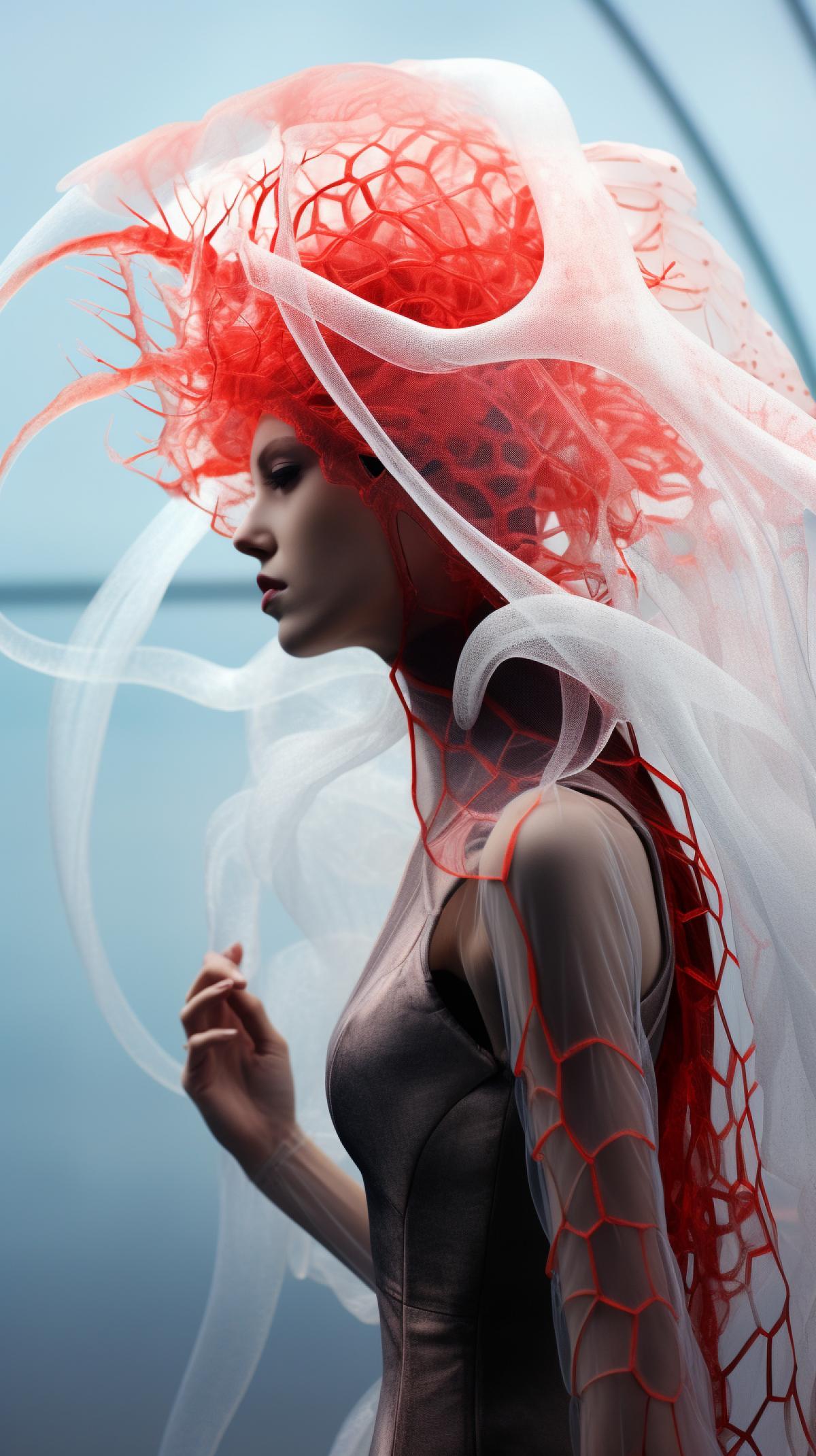 Landscape photography of epic glacial headdress, ice queen, lava spiderweb, man-o-war jellyfish headdress, woman with transparent skull, see brain, tentacles, veins, red scene, glowing, scared, beautiful woman model with futuristic white makeup, posing, wearing a neutral coloured delicate complex coral dress in the style of zaha hadid and Santiago Calatrava, parametric design, award-winning photograph, studio lighting, magazine cover, vivid colours
