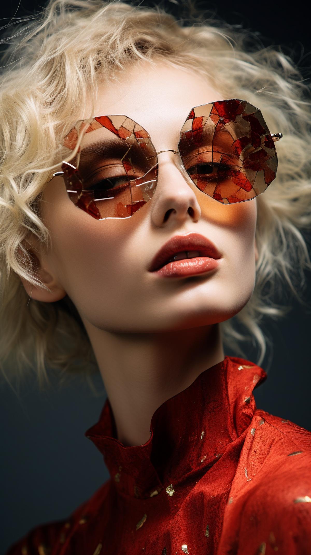 fashion model with kintsugi sunglasses. fashion photography. close up on the glasses