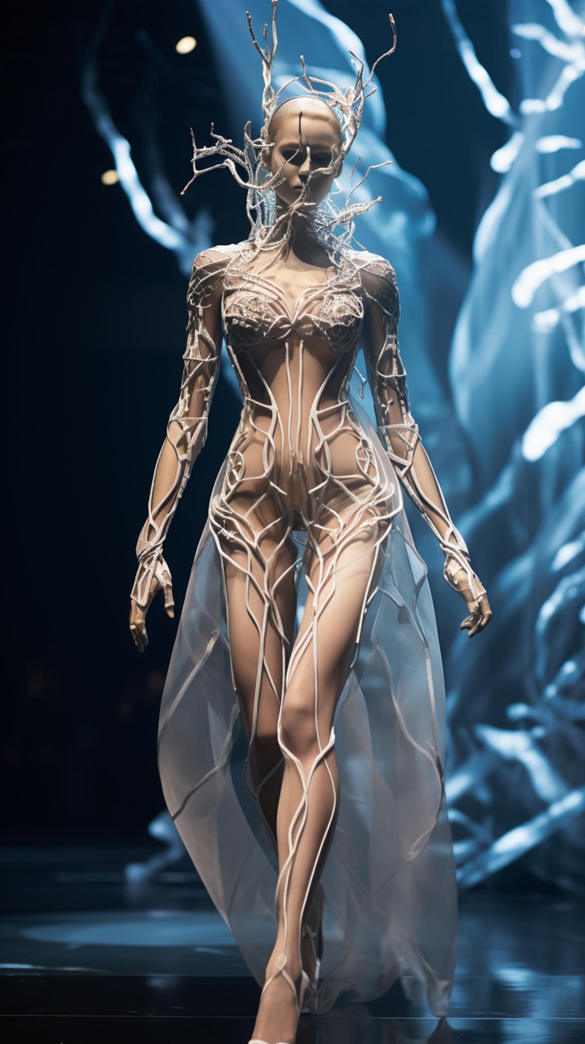 female groot dressed in futuristic insane clothing with transparent materials by jean paul gaultier walking down the fashion catwalk, character concept, hd, cinematic light