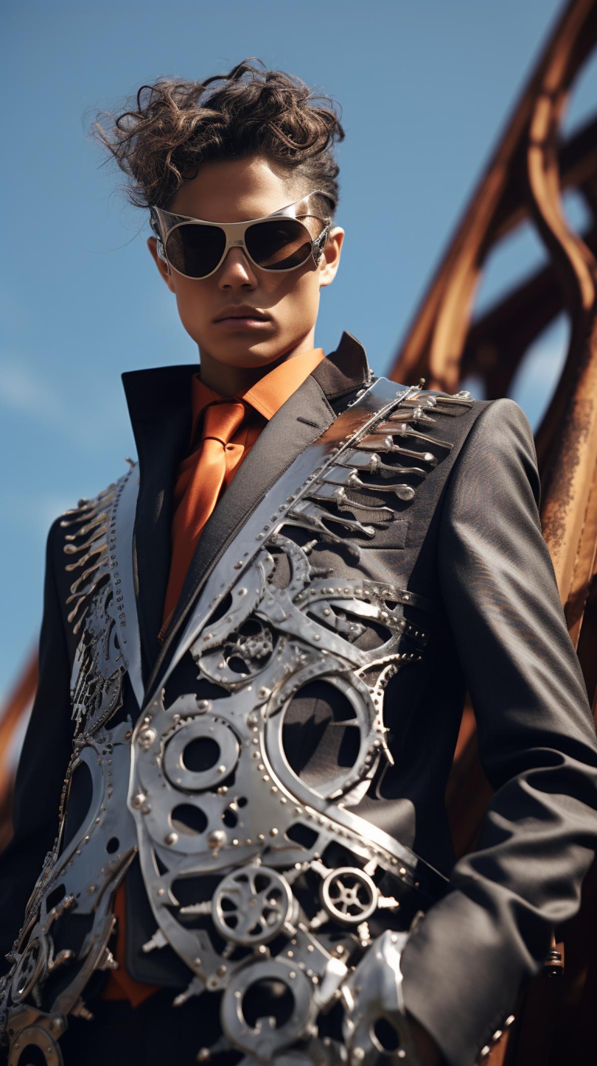 Ultra Sharp, Sunny, Fashion Editorial, Steampunk Pant Suit, Futuristic, Big Statement Sunglasses, Handsome Male Model, King Crab Inspired