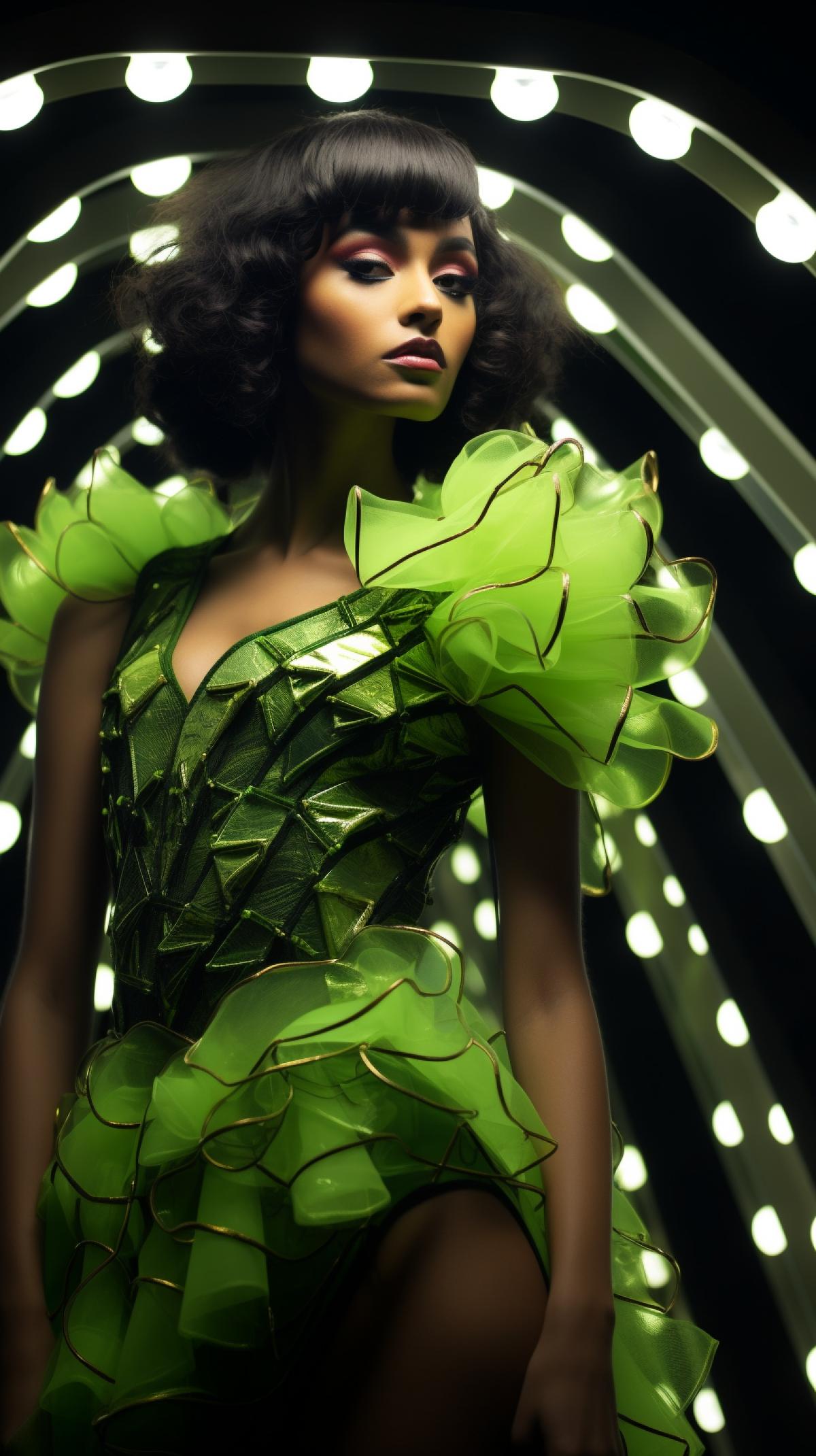 fashion show photo shoot of a model wearing avocado avant garde, beautiful lighting, edgy