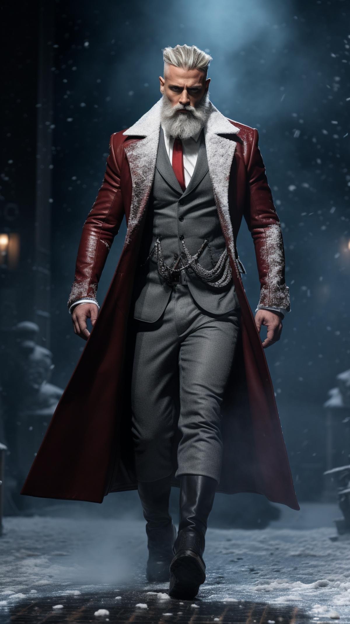 Character study, handsome muscular Santa walking down the runway for Paris Fashion Week, Fashion Model Wearing dark Leather Overcoat, light grey Waistcoat, Gucci, light grey Dress Pants, knee-high dark boots, Red Necktie, cyan handkerchief, photo-realistic, fantasy romance, fashion photography, full body from head to shoes