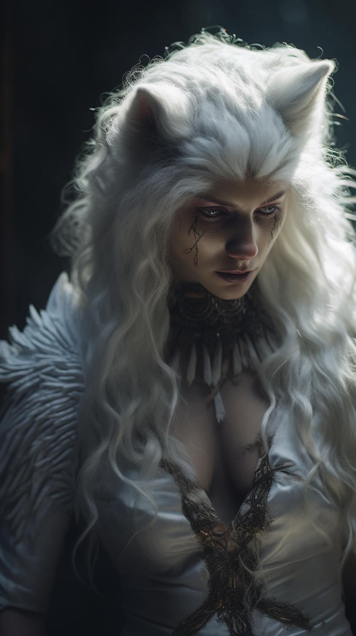 intricate portrait of female warewolf, head of wolf, body of a woman, long silky white fur, detailed fur, low cut dress, fit leather, detailed body, detailed face, growl, style by Weta Digital, by Wetä FX, Cinematic, Color Grading, sharp focus, Editorial Photography, volumetric lightning, RTX, 8k, detailed