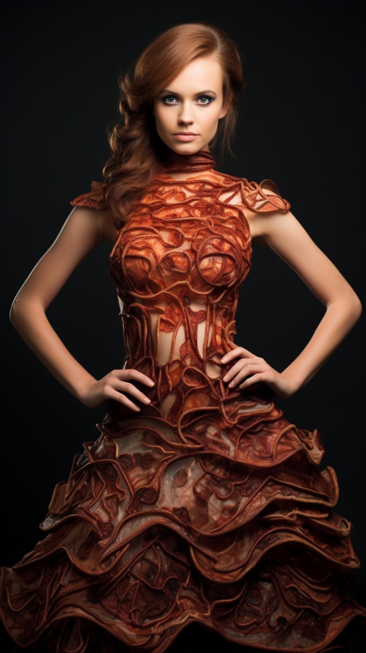 attractive female model wearing intricately detailed dress made out of bacon