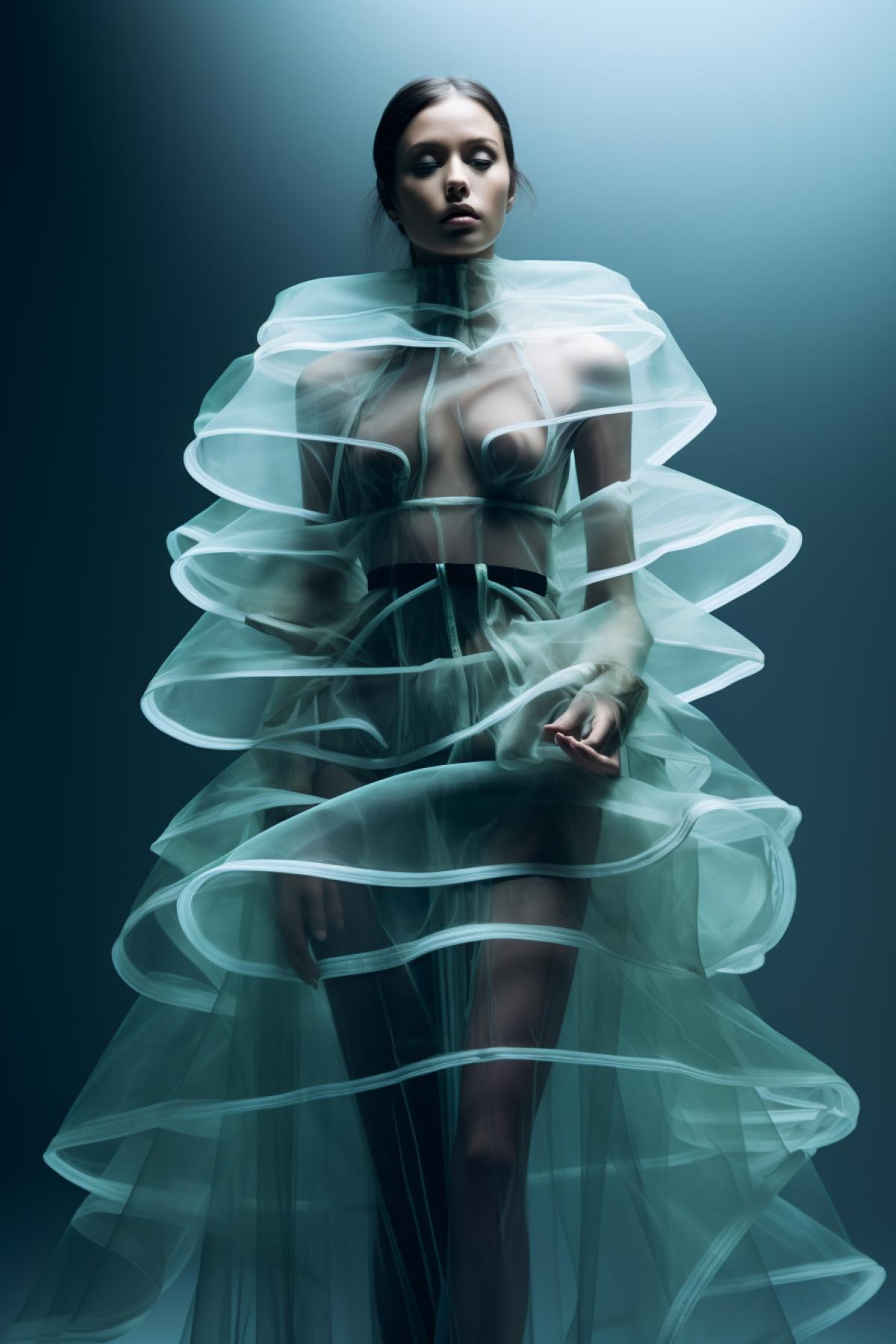 Beautiful fashion model wearing weightless transparent unseen dress bizarre extravagant the Vogue magazine fashion photo session