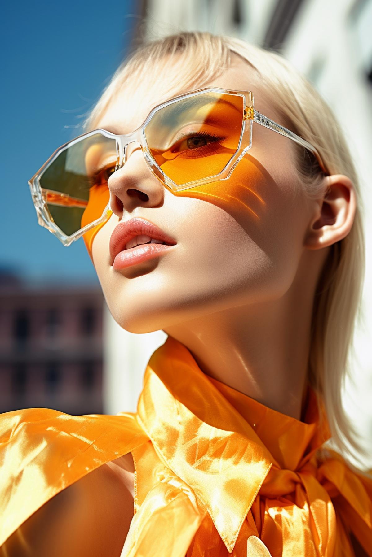 Fashion photo of sunglasses imitating faceted eyes on beautiful model sunny day fashion photo Vogue session