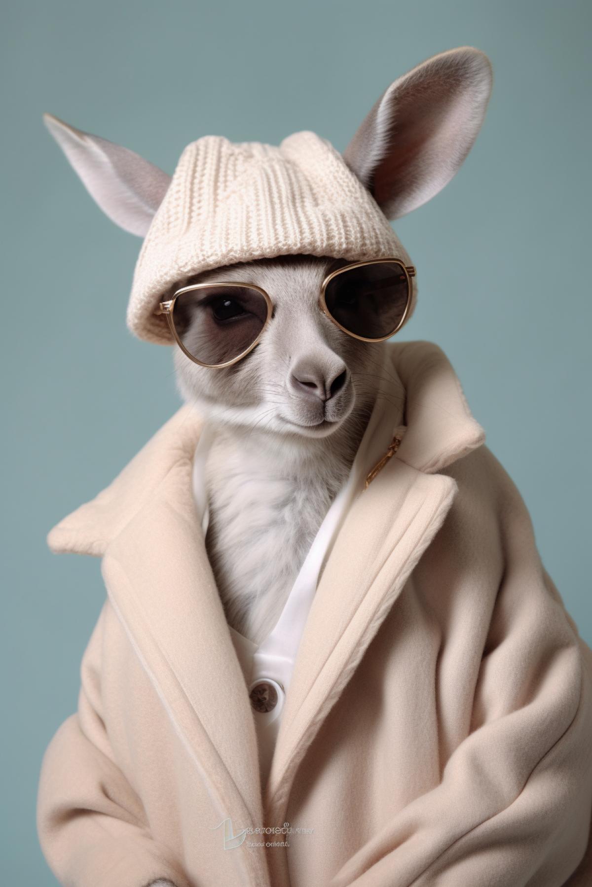 Fashionable kangaroo in a Couture coat and a suncap