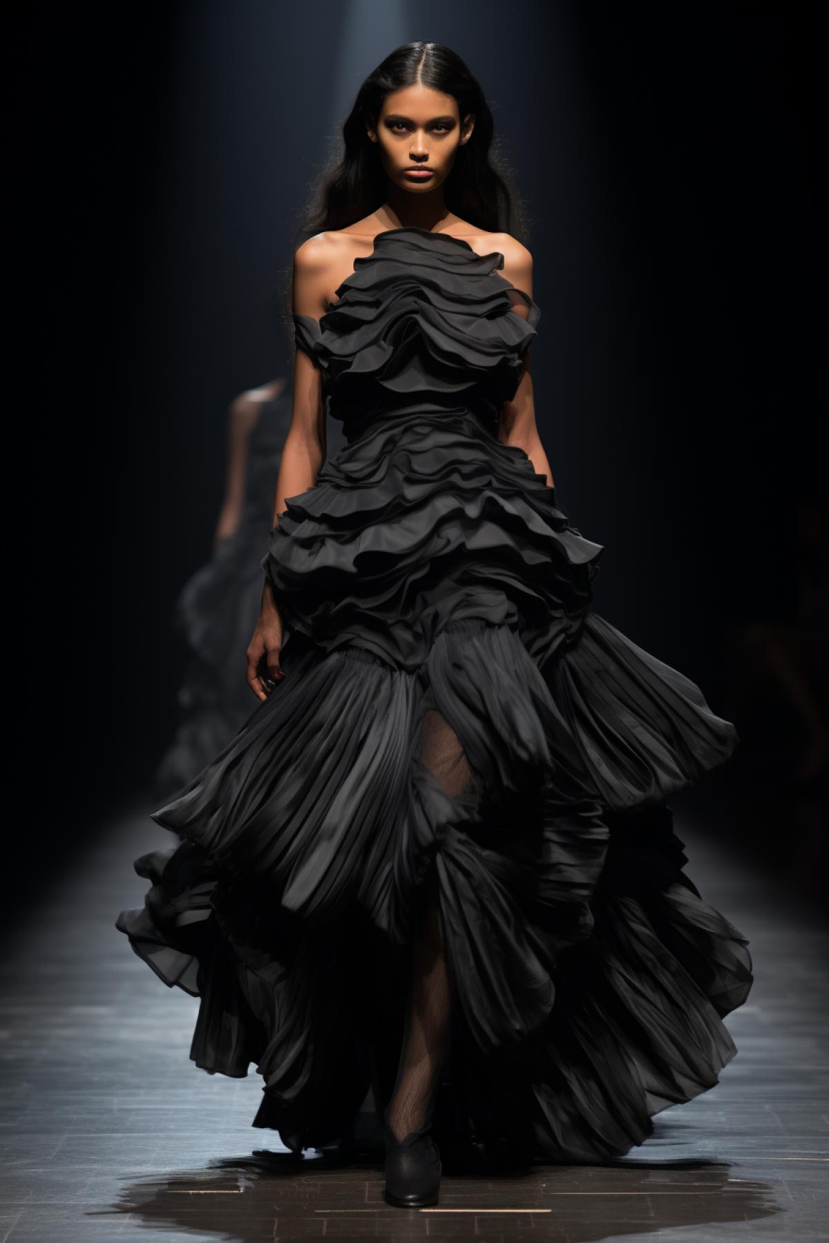 High texture dark velvet mas dress on beautiful model energy massive dynamics fashion show photo