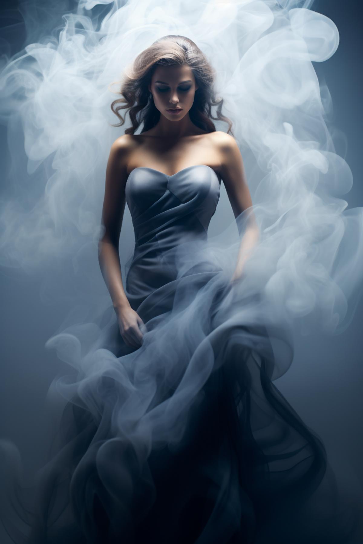 Beautiful woman in a dress made of smoke, fashion photography