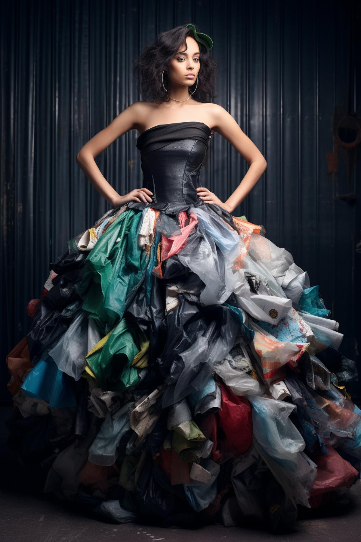 Beautiful woman in a dress made of garbage, fashion photography, Haute couture