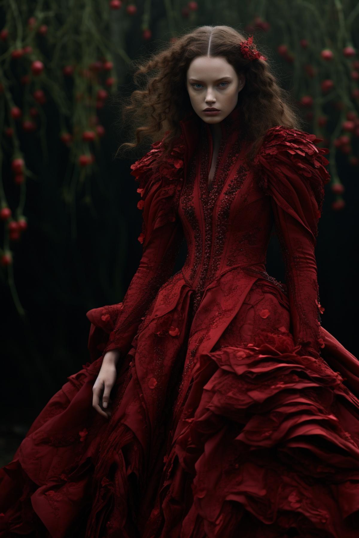 Top model on a haute couture 4k in a tense, unsettling atmosphere with historically accurate dialogues, capturing the mood of The Witch, featuring red