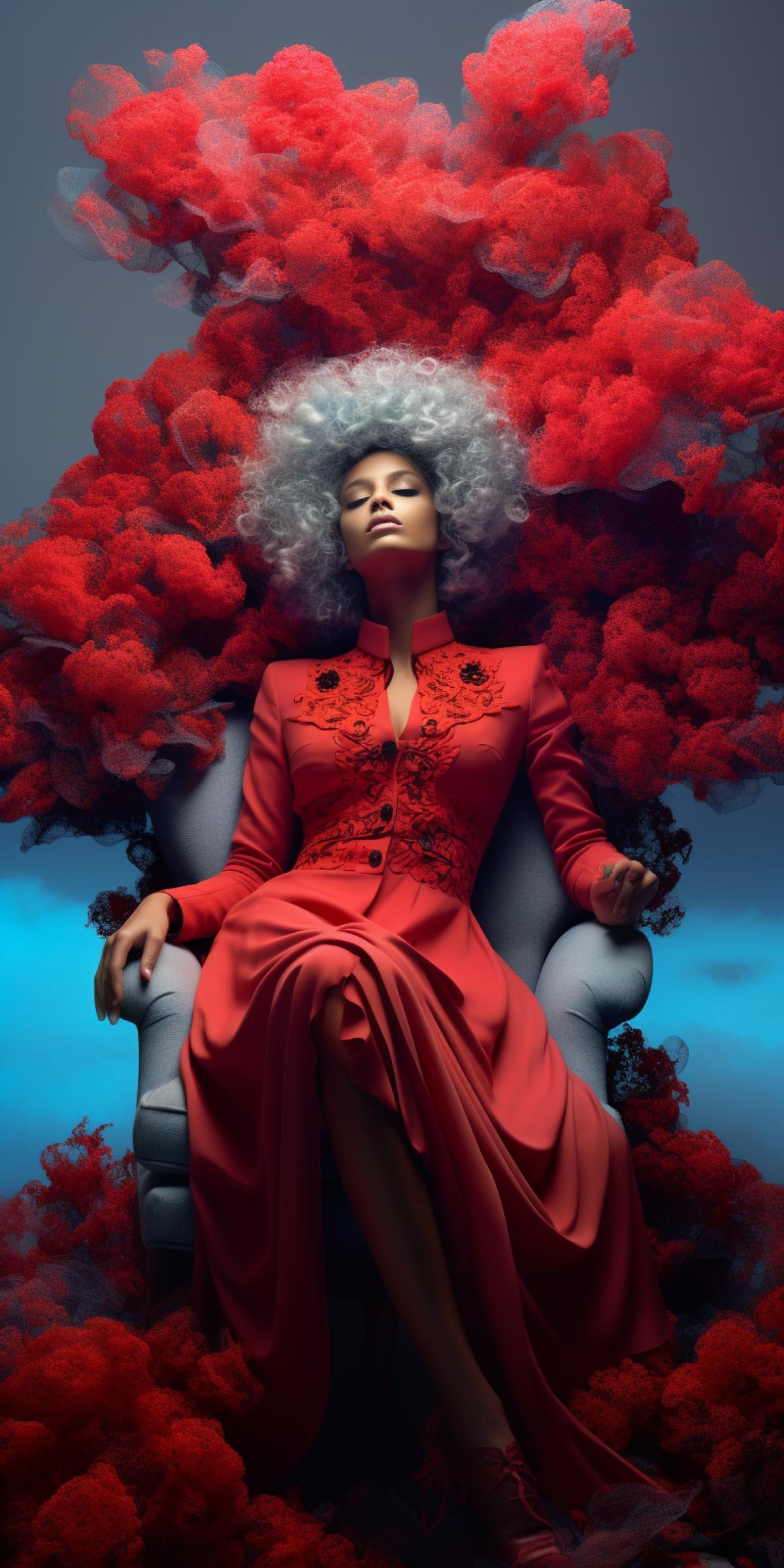 Otherworldly beauty’s Cinematic fashion portrait, Mandelbrot selective color ombré, 3D pressed flower art, Illusory furniture at dusk