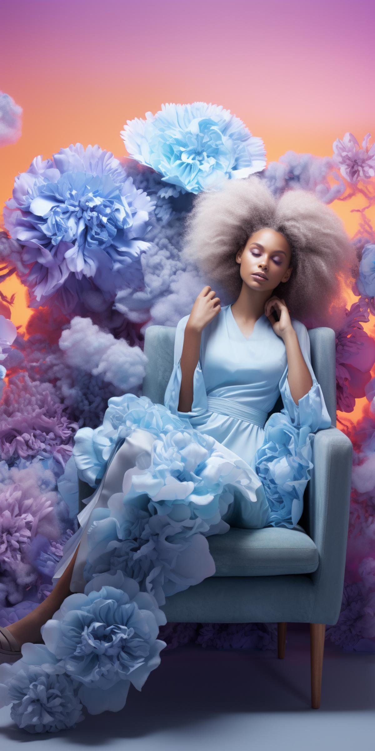 Otherworldly beauty’s Cinematic fashion portrait, Mandelbrot selective color ombré, 3D pressed flower art, Illusory furniture at dusk