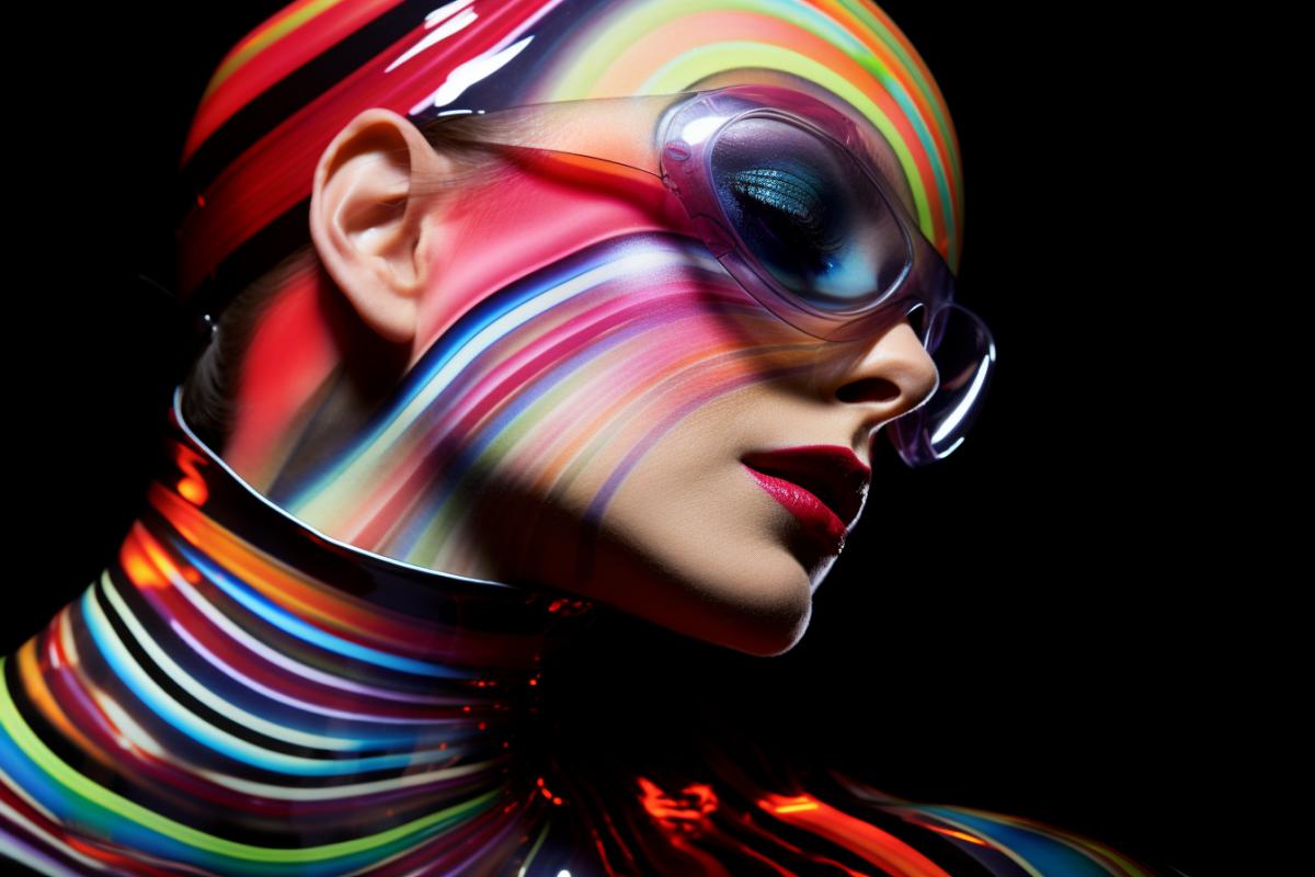 fashion model dressed in designer clothing in style microscopic view of snails tongue, rippled and waved, pretty lines, colorful hues