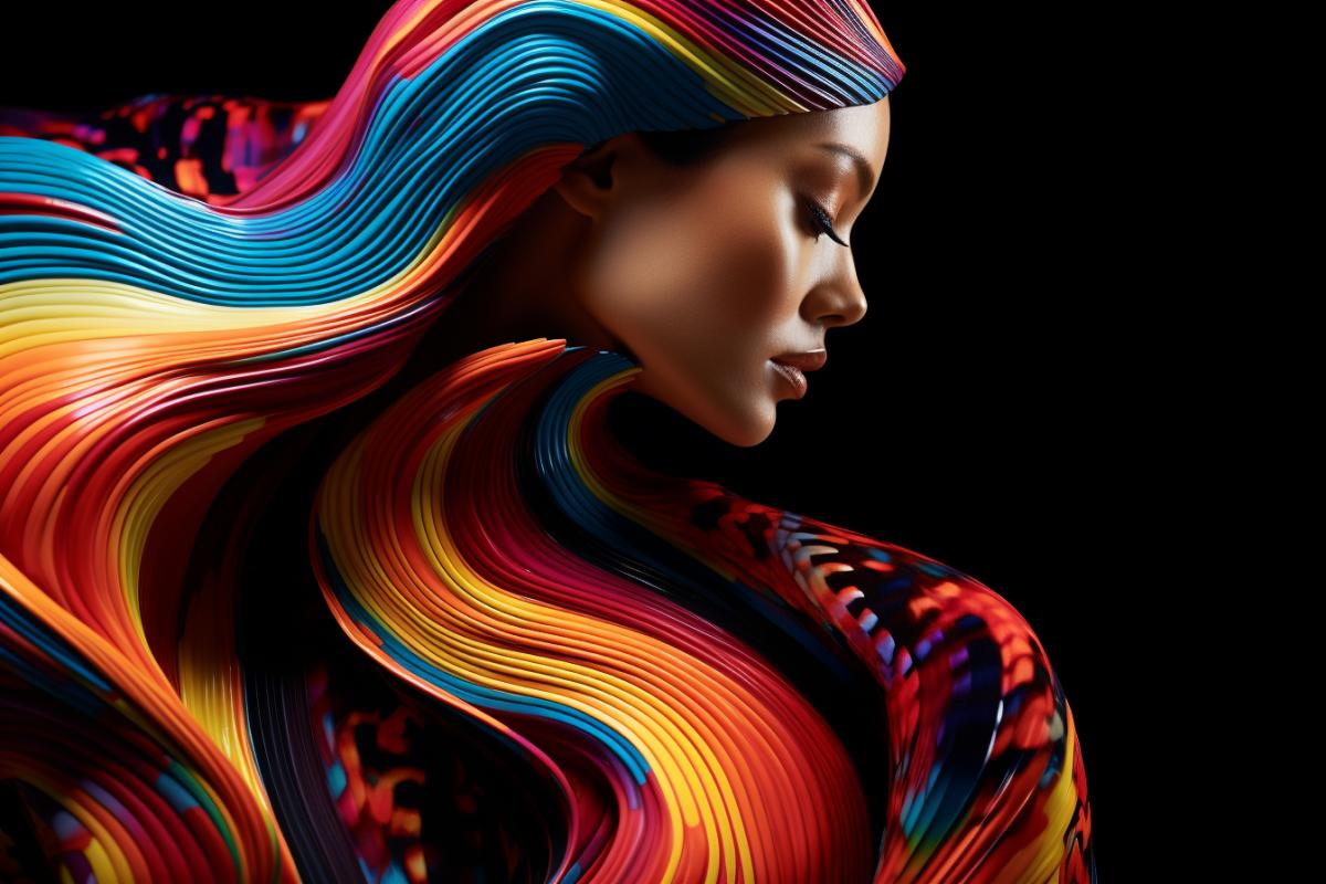 fashion model dressed in designer clothing in style microscopic view of snails tongue, rippled and waved, pretty lines, colorful hues