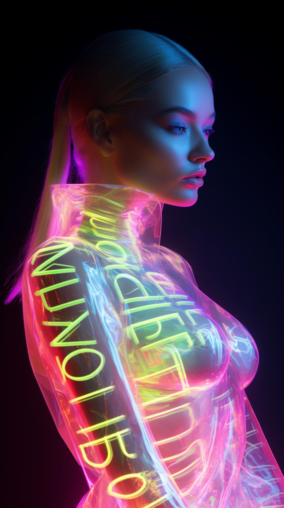 Neon Holographic Corrupted Fonts Top model, on a haute couture 4k, chiaroscuro portraitures, chemluminescent glow
