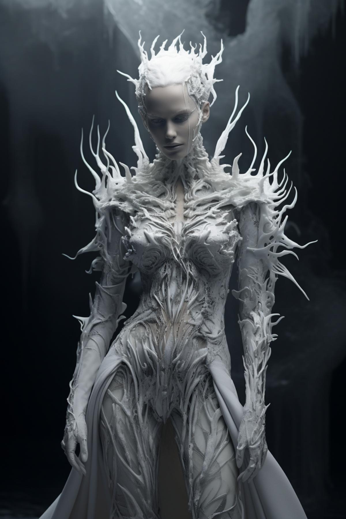 Ice queen fashion style, top model, design dress by Alexander McQueen, giger style, full body, extravagant, gothic, broken ice, scream silence, photorealistic, epic