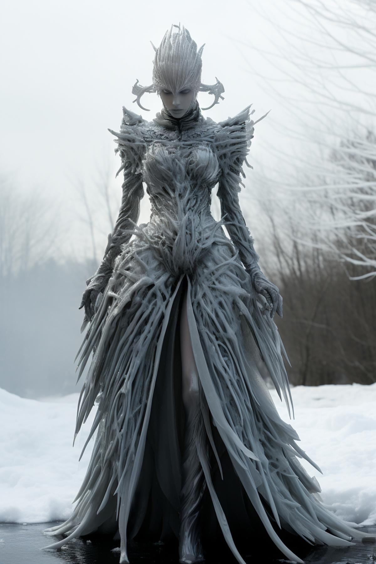 Ice queen fashion style, top model, design dress by Alexander McQueen, giger style, full body, extravagant, gothic, broken ice, scream silence, photorealistic, epic