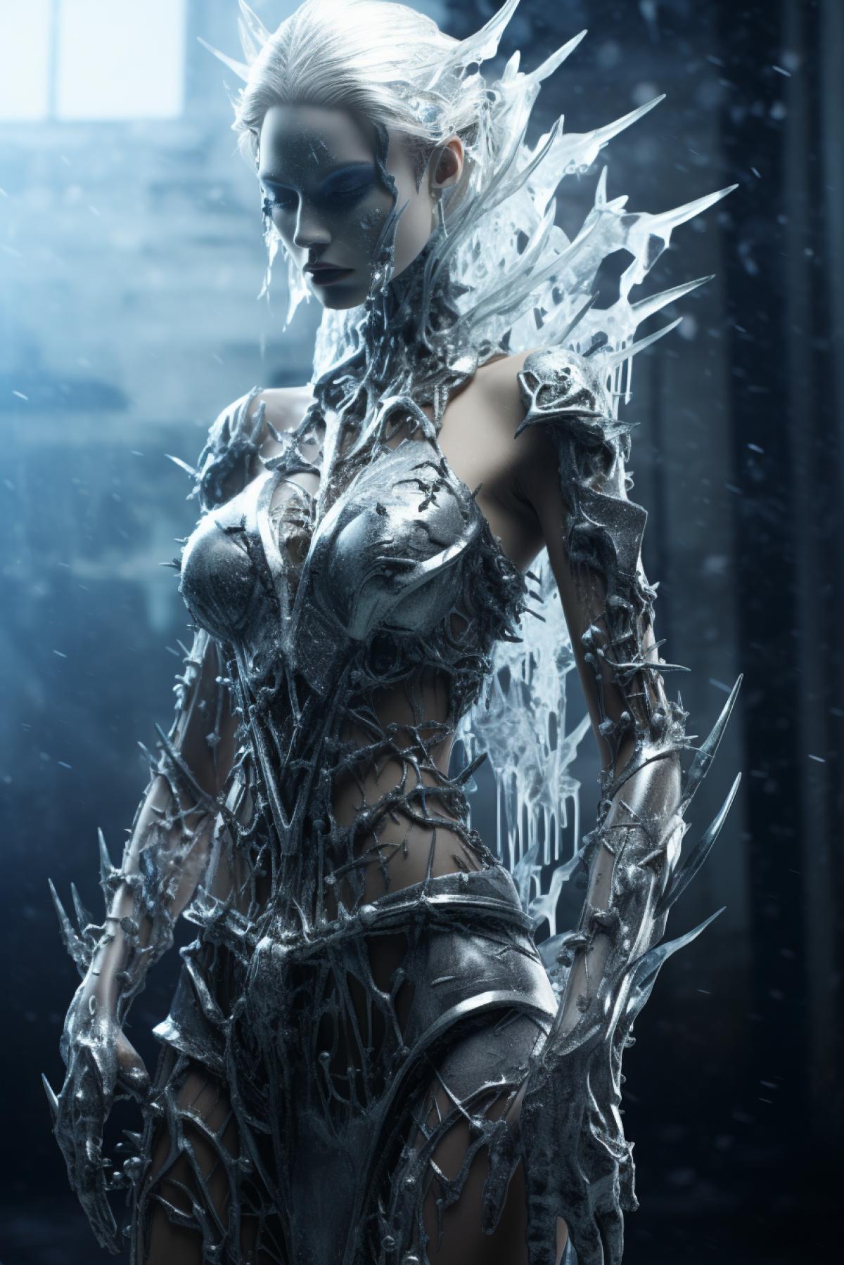 Ice queen fashion style, top model, design dress by Alexander McQueen, giger style, full body, extravagant, gothic, broken ice, scream silence, photorealistic, epic