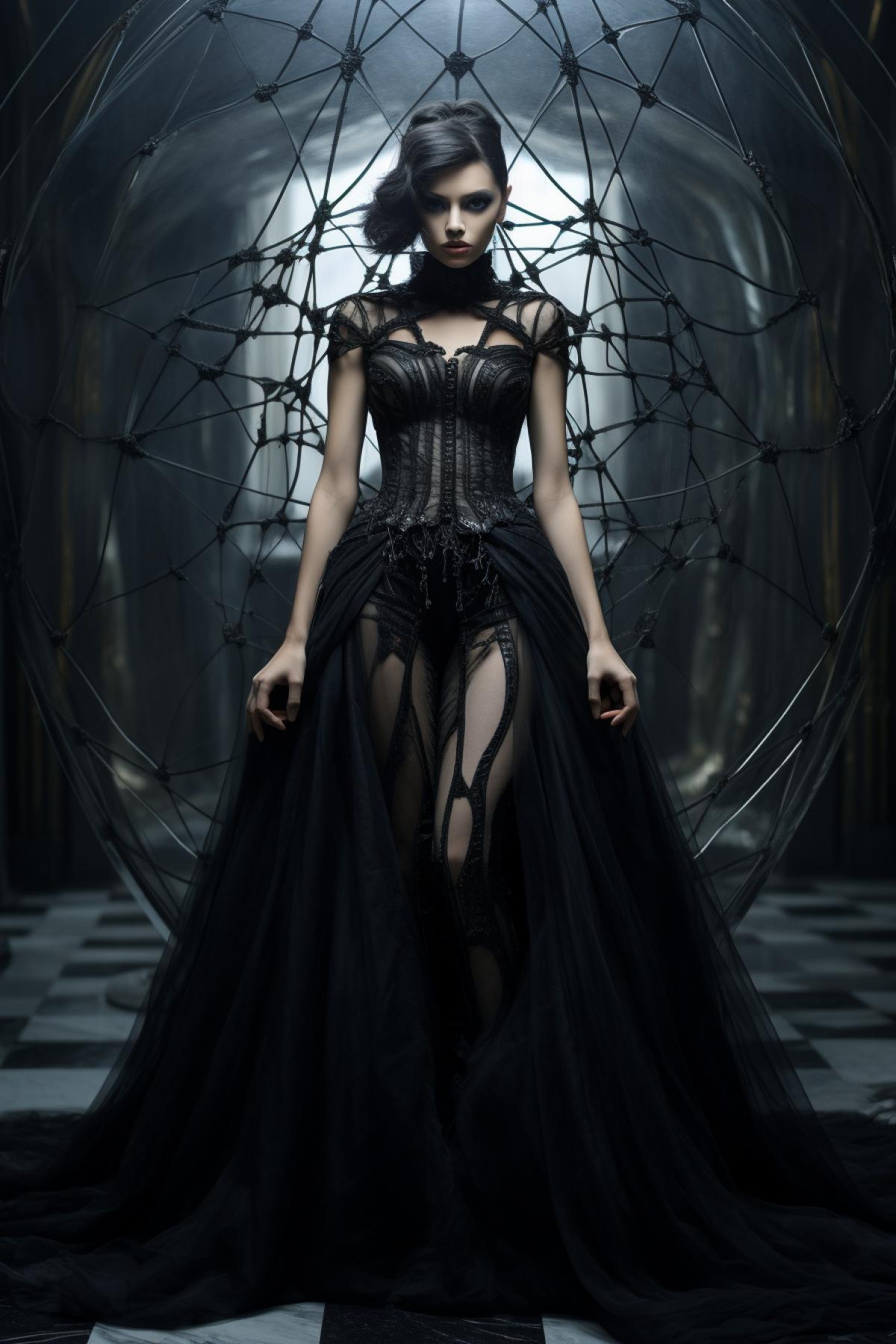 Spider fashion style, top model, design dress, full body, extravagant, gothic, mirror room, photorealistic