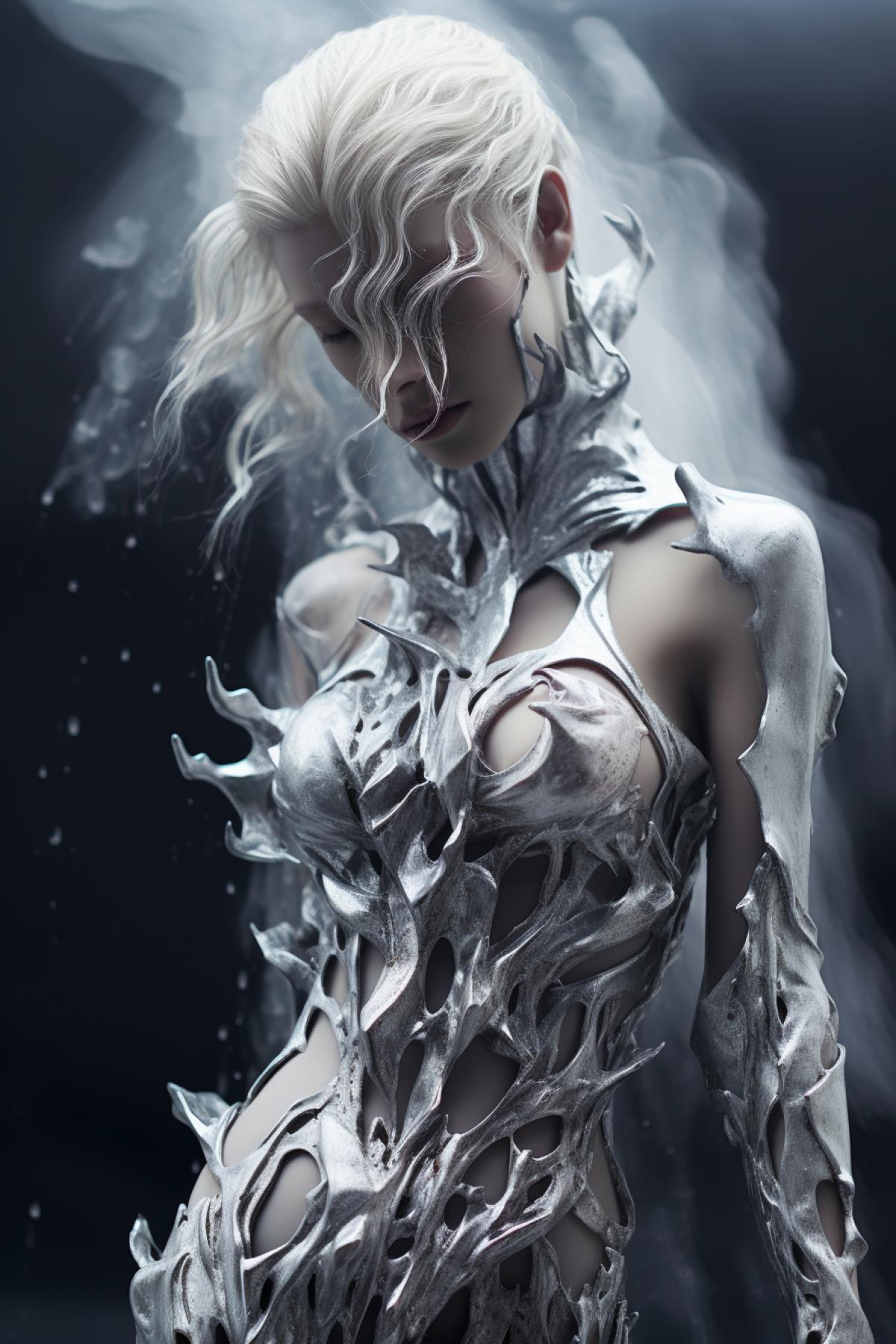 Ice queen fashion style, top model, design dress by Alexander McQueen, giger style, full body, extravagant, gothic, broken ice, scream silence, photorealistic, epic