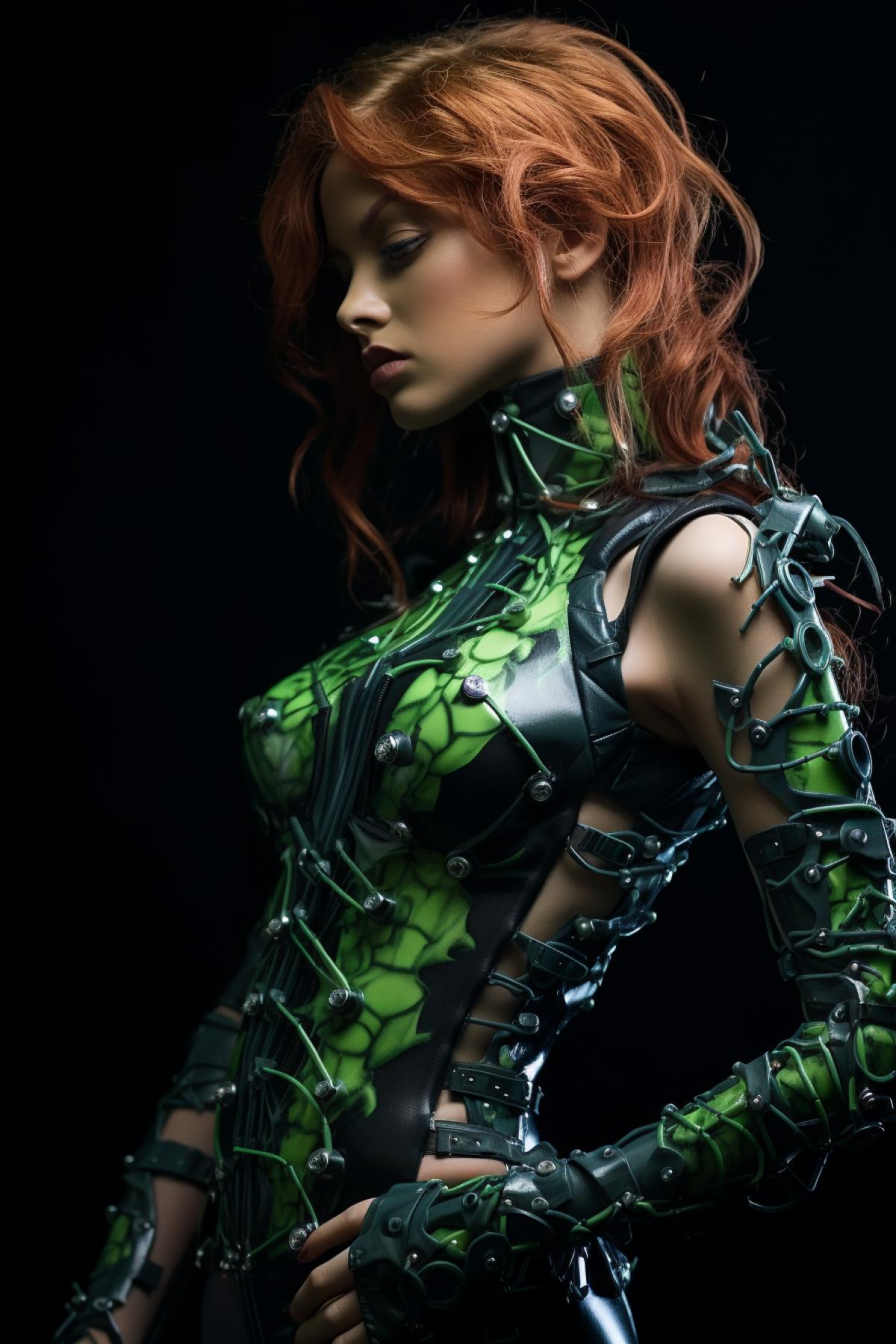Bionic modification fashion style, biopunk, poison ivy, top model, design dress, full body, extravagant, photorealistic, professional fashion photo, epic, dramatic, dynamic
