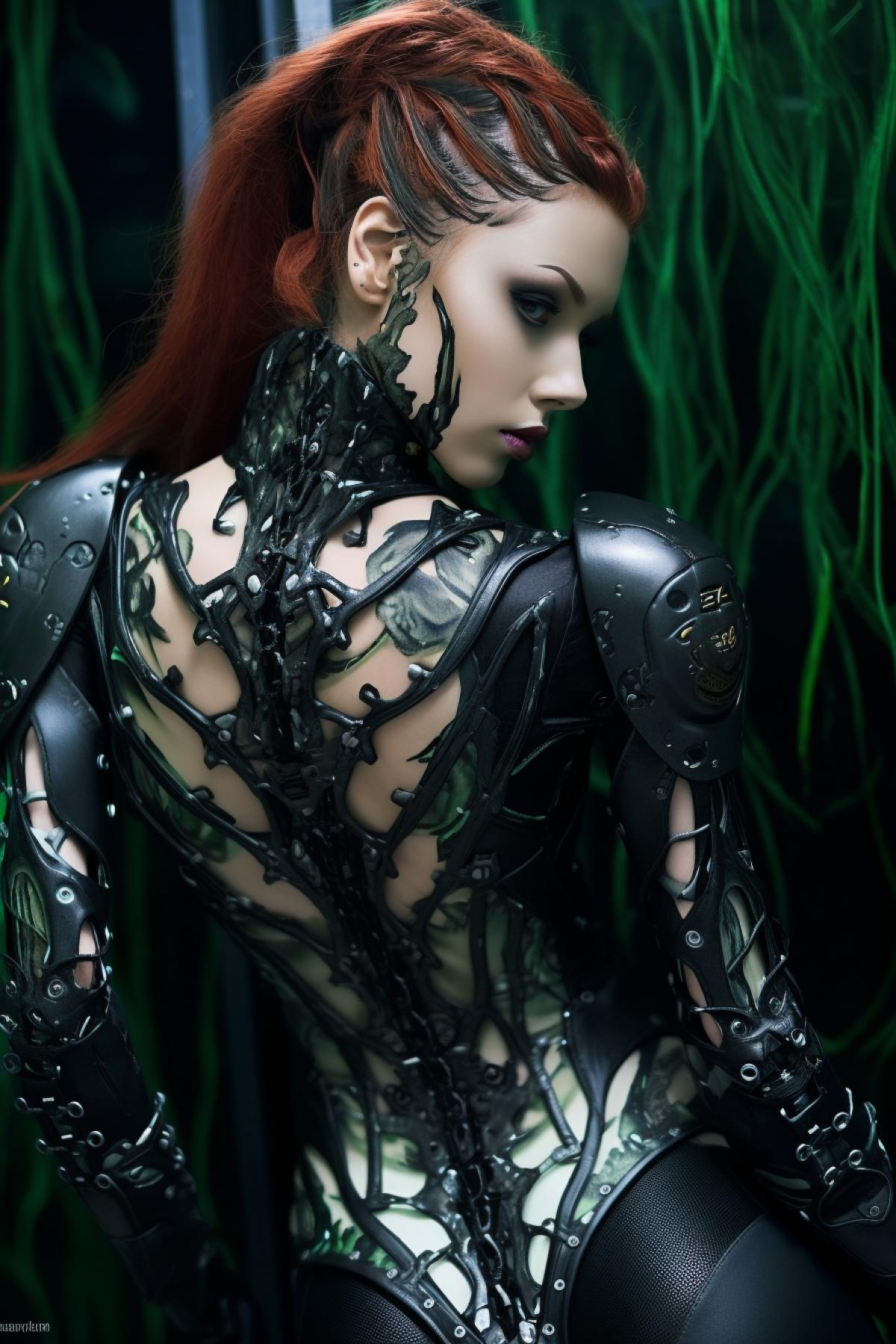 Cyber Bionic bodymodification fashion style,cyberpunk, poison ivy, top model, design clothes, full body, extravagant, photorealistic, professional fashion photo, epic, dramatic, dynamic