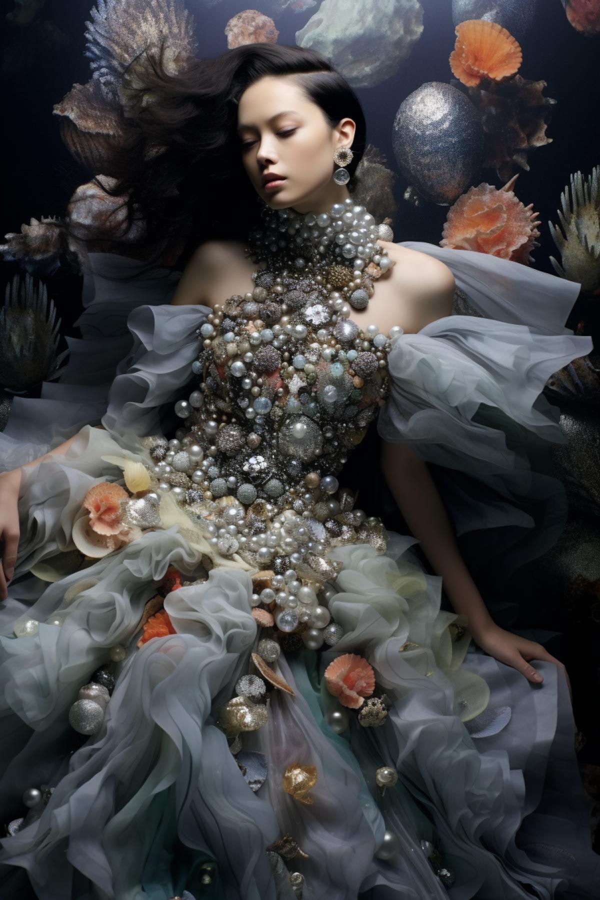 Ocean fashion style, Pearls, shells, corals, glow, top model, design clothes, full body, extravagant, photorealistic, professional fashion photo, epic, dramatic, dynamic, Mary Katrantzou
