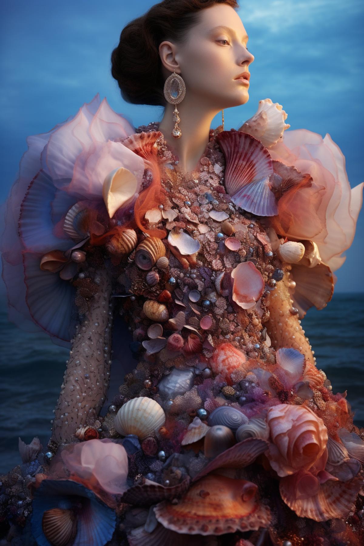 Ocean fashion style, Pearls, shells, corals, glow, top model, design clothes, full body, extravagant, photorealistic, professional fashion photo, epic, dramatic, dynamic, Mary Katrantzou