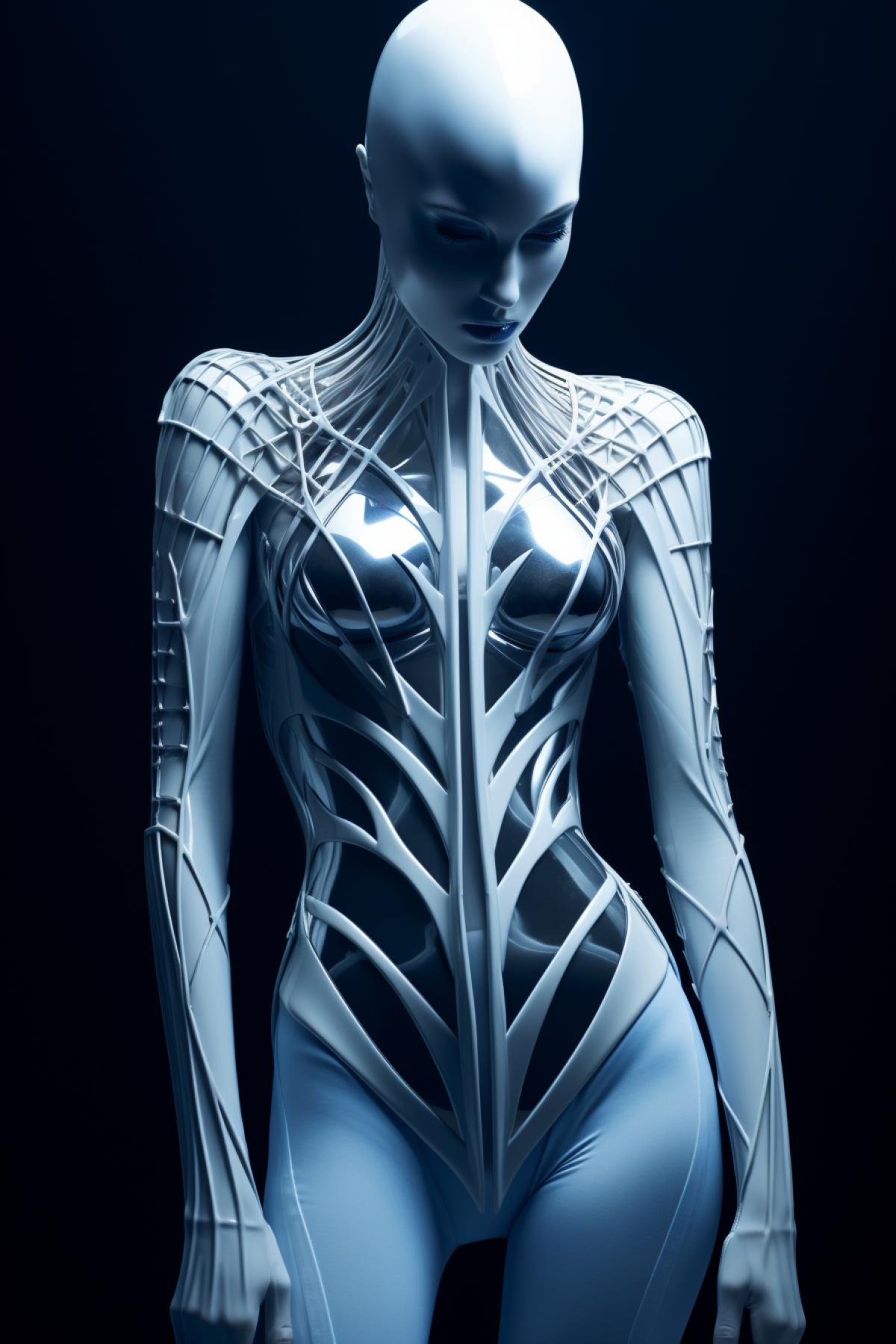 Cosmic futuristic fashion style, top model, design clothes, full body, extravagant, photorealistic, professional fashion photo, epic, dramatic, dynamic, Thierry Mugler